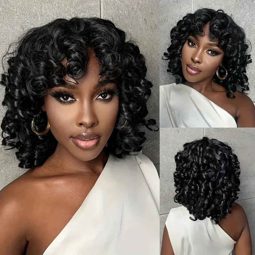 Bob Wig with Bangs Afro Bouncey Kinky Curls Brazilian Virgin Human Hair Glueless T&L Fashions Boutique