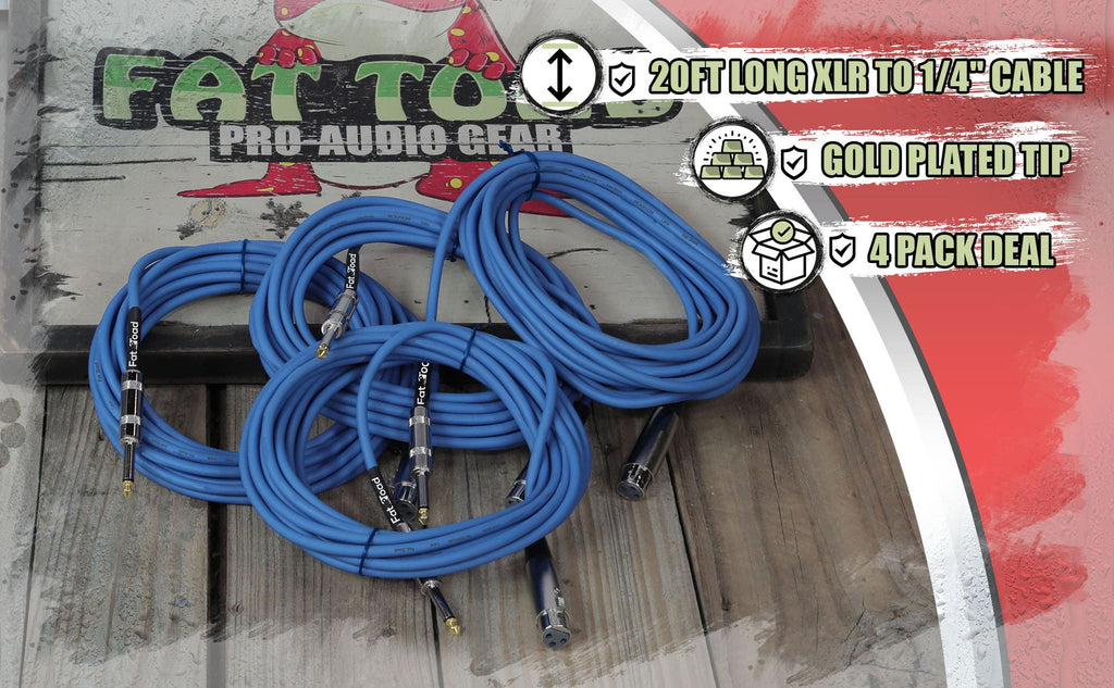 XLR Female to 1/4" Male Jack Microphone Cables (4 Pack) by FAT TOAD | 20ft Pro Audio Blue Mic Cord Extension Patch Lo-Z Connector | 24 AWG Shielded Speaker Wire & Balanced for Studio Audio Recording GeekStands.com