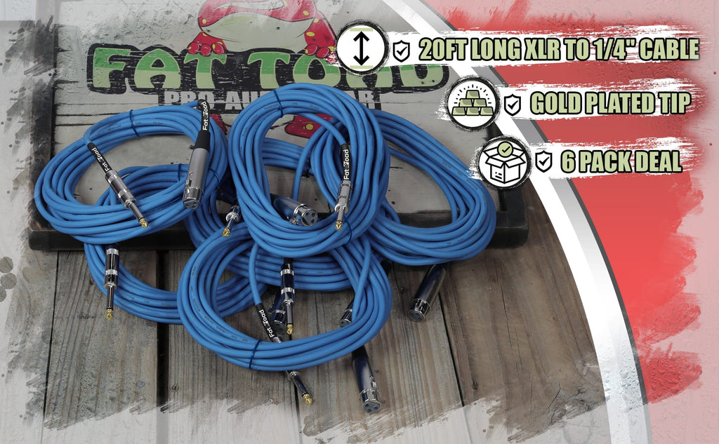 XLR Female to 1/4" Male Jack Microphone Cables (6 Pack) by FAT TOAD- 20ft Professional Pro Audio Mic Blue Cord Patch Lo-Z Connector, 24 Gauge Shielded GeekStands.com