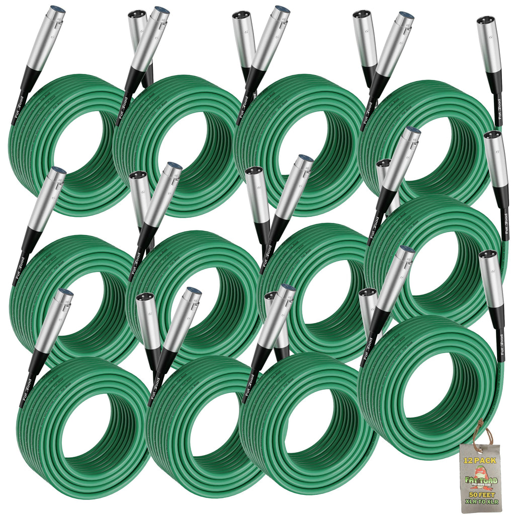 50ft XLR Microphone Cables (12-Pack) by FAT TOAD  - Professional Pro Audio Green Mic Extension Patch with Lo-Z Connector - 24 AWG Shielded Wire & Balanced for DJ Music Recording Studio Mixer Gear GeekStands.com