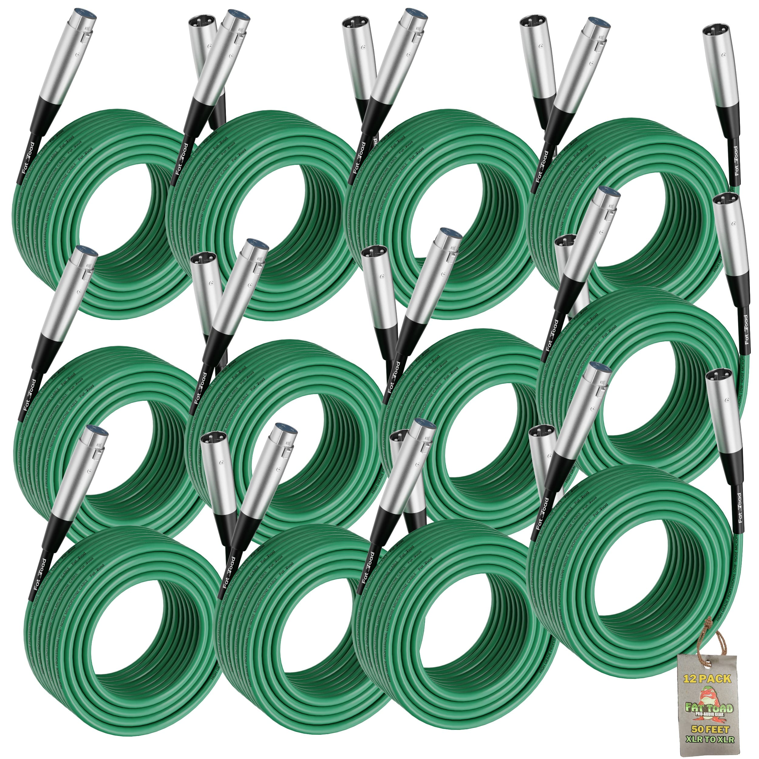 50ft XLR Microphone Cables (12-Pack) by FAT TOAD  - Professional Pro Audio Green Mic Extension Patch with Lo-Z Connector - 24 AWG Shielded Wire & Balanced for DJ Music Recording Studio Mixer Gear GeekStands.com