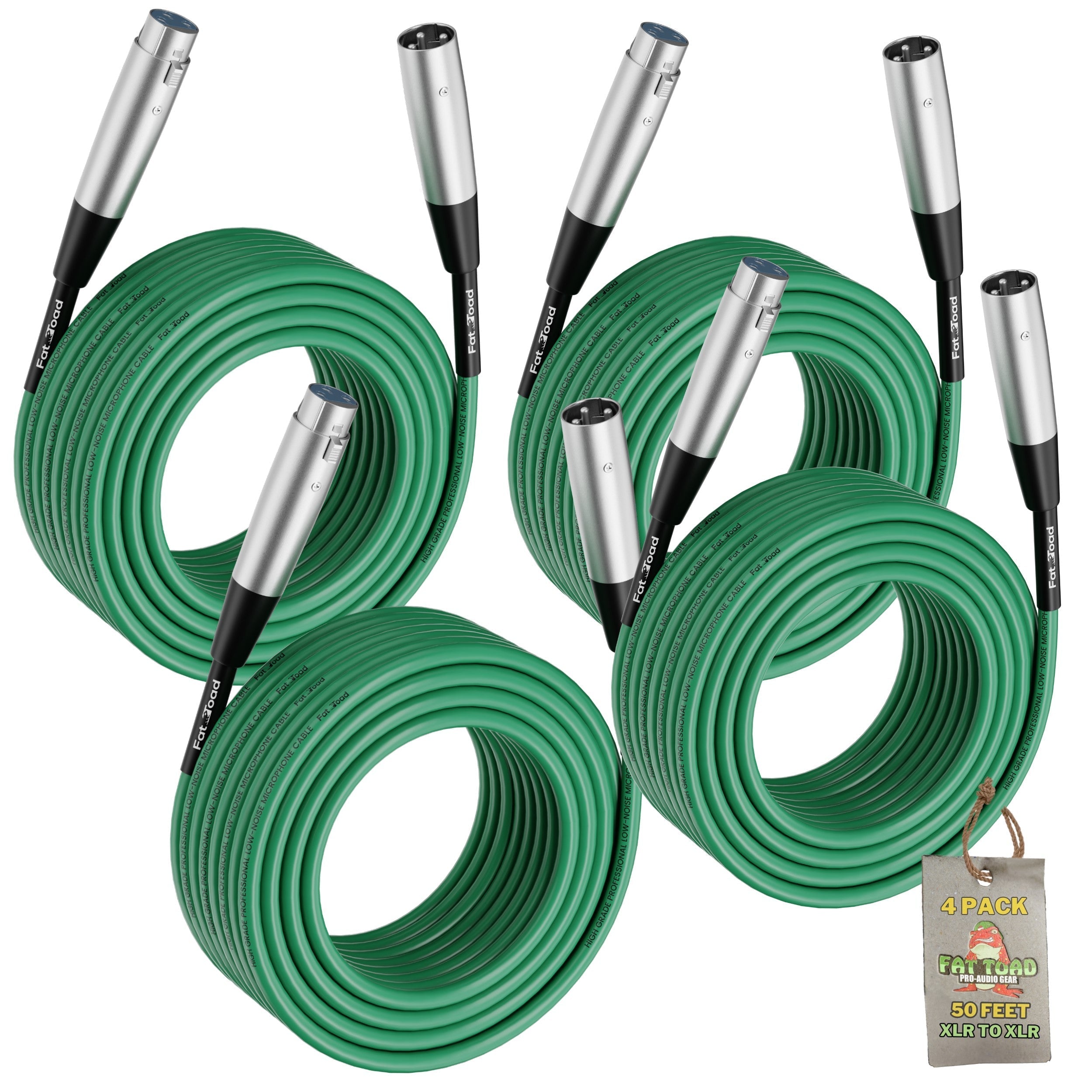 XLR Microphone Cables (4 Pack) by FAT TOAD - 50ft Professional Pro Audio Green Mic Cord Extension Patch with Lo-Z Connector - 24 AWG Shielded Wire GeekStands.com