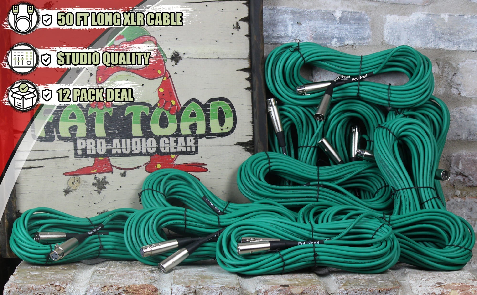 12 PACK - FAT TOAD XLR Microphone Cables | 50ft Professional Pro Audio Green Mic Cord Extension Patch with Lo-Z Connector | 24 AWG Shielded Wire & Balanced for DJ Music Recording Studio Mixer Gear GeekStands.com