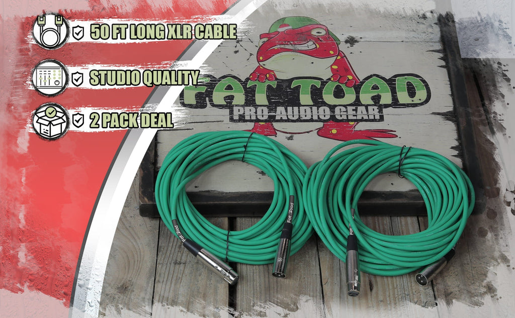 XLR Microphone Cables (2 Pack) by FAT TOAD - 50ft Pro Audio Green Mic Cord Patch Extension & Male to Female Lo-Z Connector - 24 AWG Shielded Wire GeekStands.com