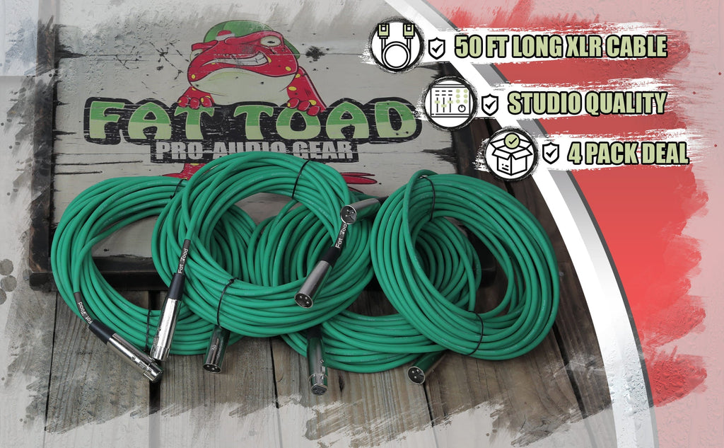 XLR Microphone Cables (4 Pack) by FAT TOAD - 50ft Professional Pro Audio Green Mic Cord Extension Patch with Lo-Z Connector - 24 AWG Shielded Wire GeekStands.com
