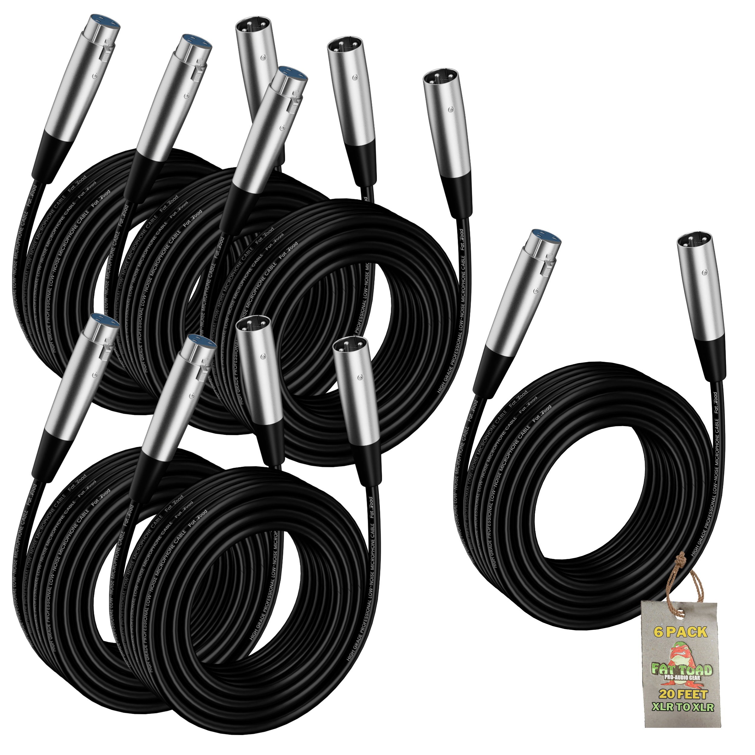 XLR Microphone Cables (6 Pack) by FAT TOAD - 20ft Pro Audio Mic Cord Patch Extension with Lo-Z Connector - 24 AWG Wire & Balanced for Recording GeekStands.com