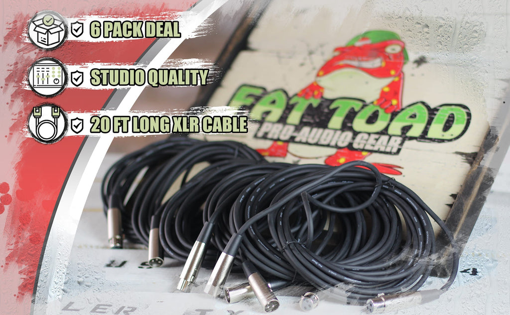 XLR Microphone Cables (6 Pack) by FAT TOAD - 20ft Pro Audio Mic Cord Patch Extension with Lo-Z Connector - 24 AWG Wire & Balanced for Recording GeekStands.com