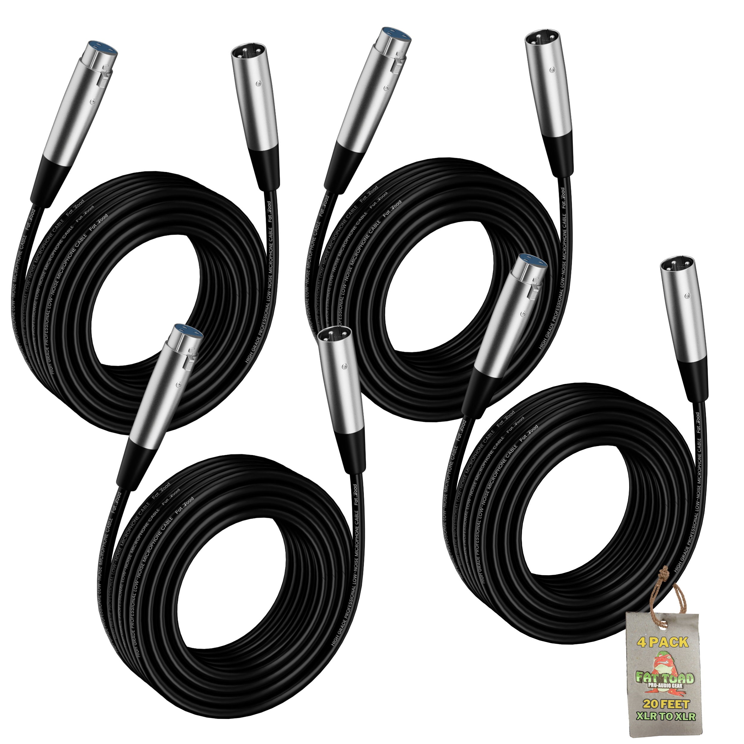 Microphone Cables by FAT TOAD - (4 Pack) 20ft Pro Audio XLR Mic Cord Patch Extension with Female & Male Connector - 24 AWG Shielded Wire & Balanced GeekStands.com