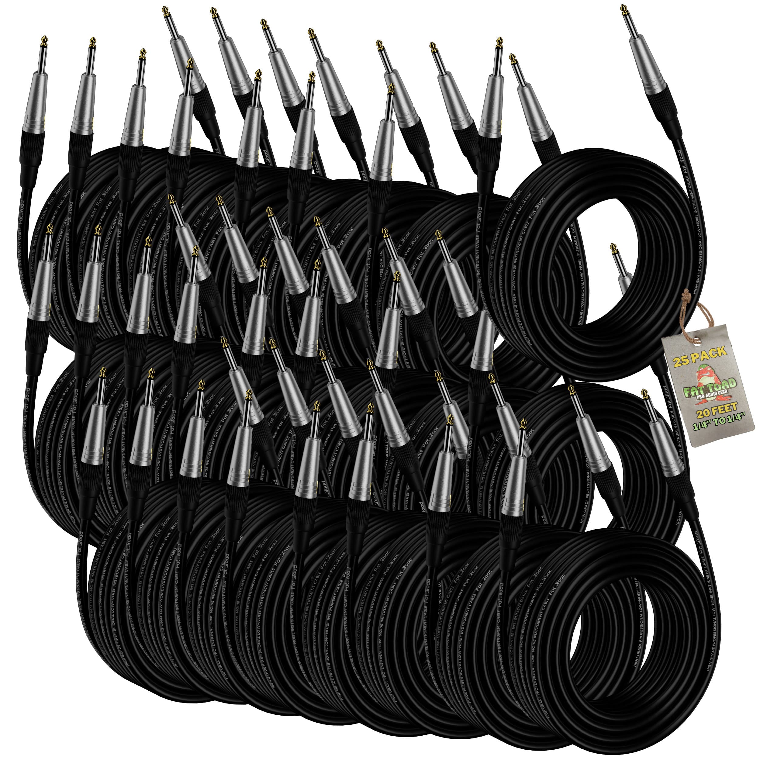 24 PACK - FAT TOAD 20FT Guitar Cords Instrument Cables | 24 AWG Patch Conductor for Electric Guitar, Bass, Amplifier, Speaker, Keyboard & Recording Studio | Shielded 1/4 Inch Gold Straight-End Wires GeekStands.com