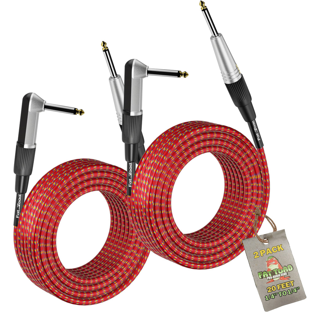 Guitar Cables (2 Pack) Right Angle to Straight-End Instrument Cord Tweed Cloth Jacket by FAT TOAD - Braided Woven 20 FT 1/4 Inch Gold Jack TS GeekStands.com
