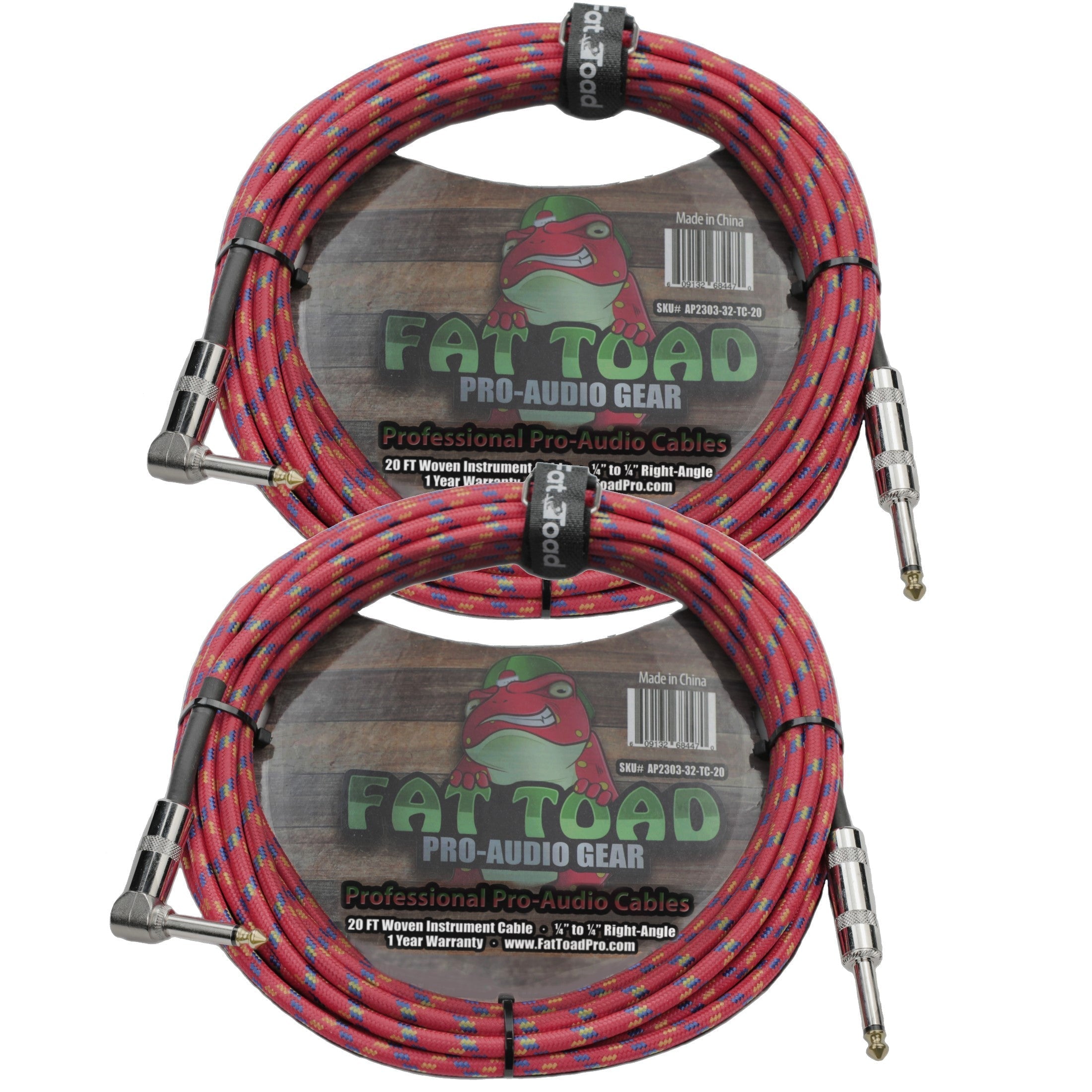 Guitar Cables (2 Pack) Right Angle to Straight-End Instrument Cord Tweed Cloth Jacket by FAT TOAD - Braided Woven 20 FT 1/4 Inch Gold Jack TS GeekStands.com