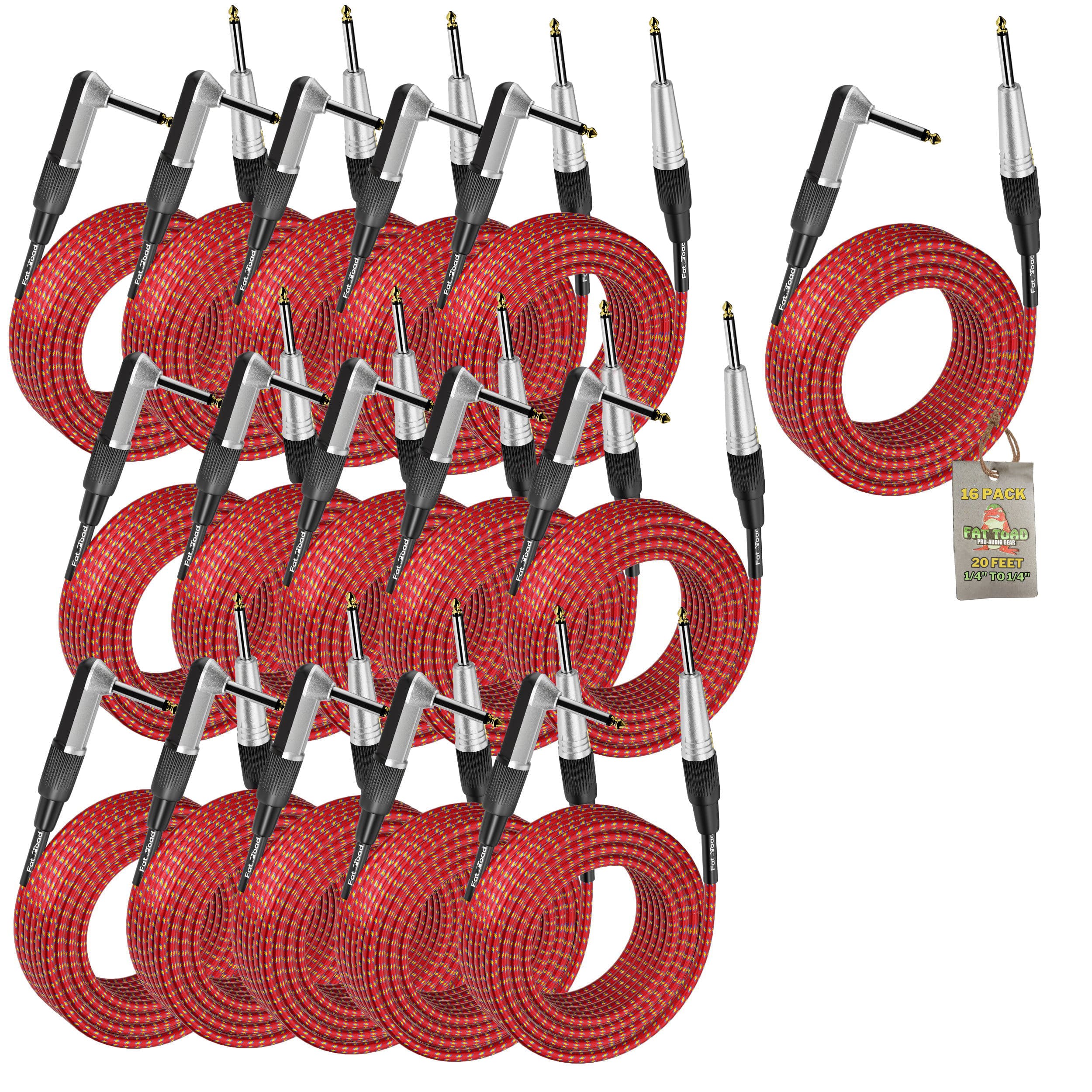 16 PACK - FAT TOAD Guitar Cords Right Angle to Straight-End Instrument Cable Tweed Cloth Jacket | Braided Woven 20FT 1/4 Inch Jack TS for Electric Guitar, Bass, AMP | Shielded 24 AWG Patch Conductor GeekStands.com