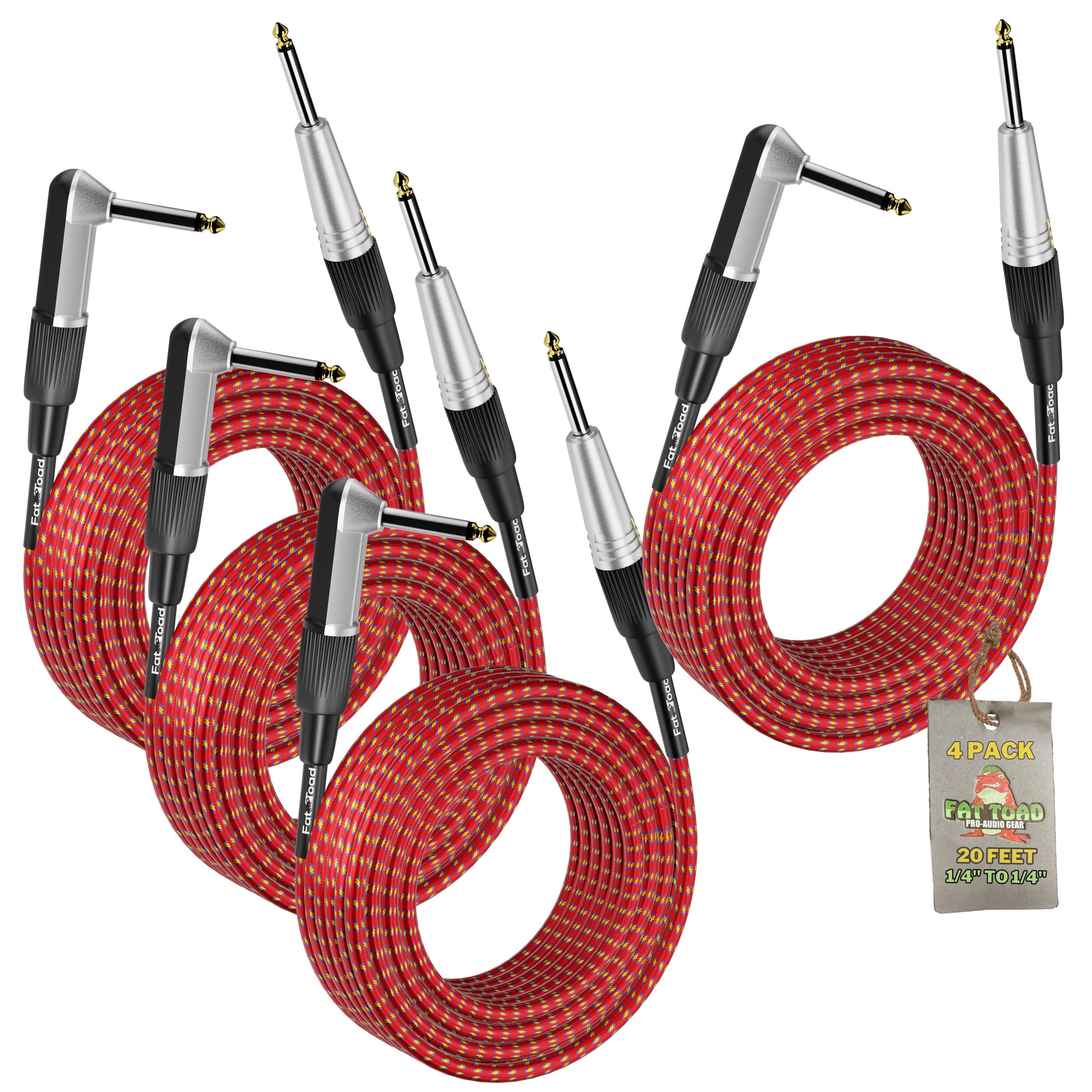 Guitar Cords (4 Pack) Right Angle to Straight-End Instrument Cable Tweed Cloth Jacket by FAT TOAD - Braided Woven 20FT 1/4 Inch Jack TS Electric AMP GeekStands.com