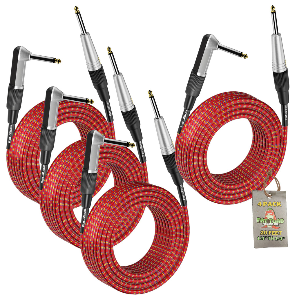 Guitar Cords (4 Pack) Right Angle to Straight-End Instrument Cable Tweed Cloth Jacket by FAT TOAD | Braided Woven 20FT 1/4 Inch Jack TS for Electric Guitar, Bass, AMP | Shielded 24 AWG Patch Conductor GeekStands.com