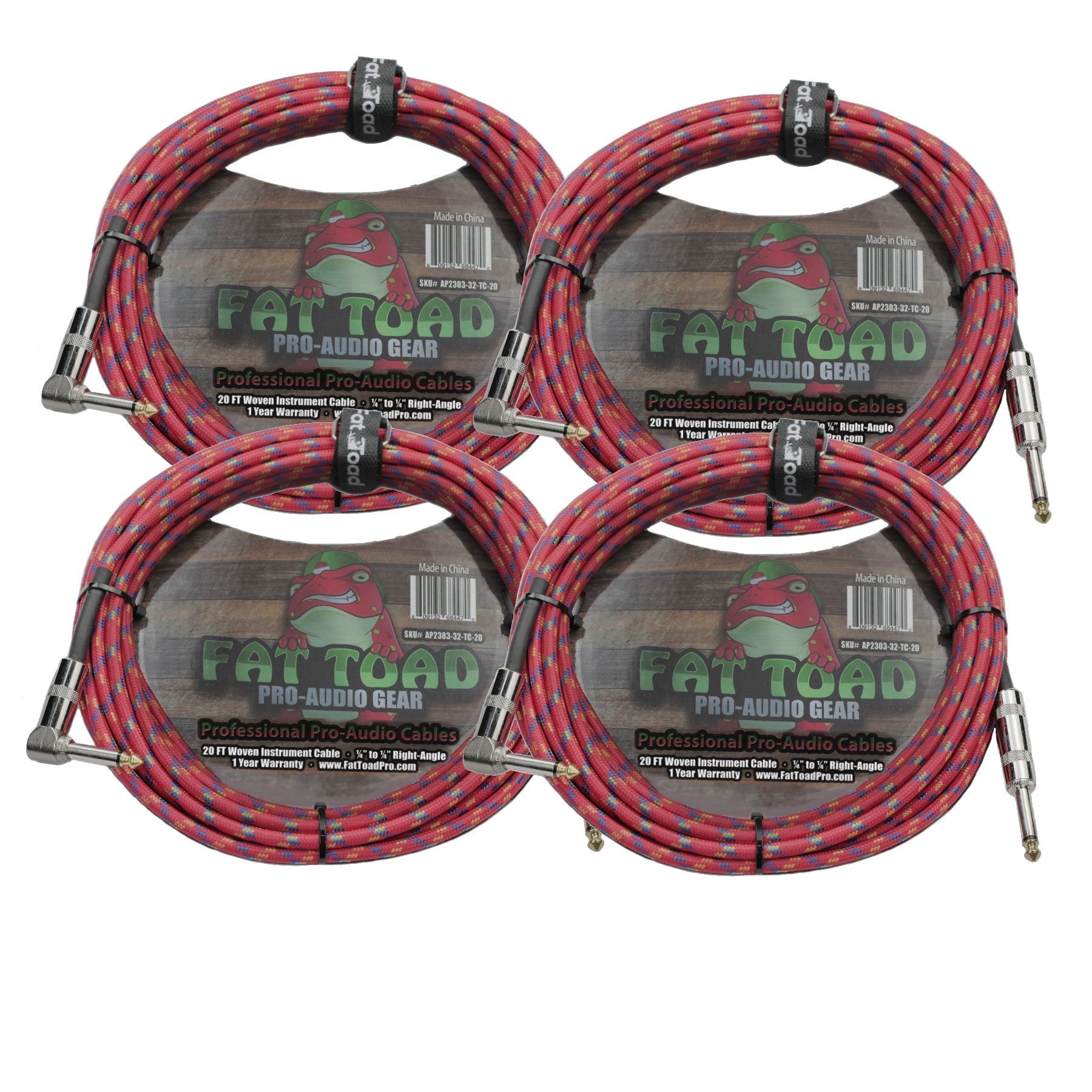 Guitar Cords (4 Pack) Right Angle to Straight-End Instrument Cable Tweed Cloth Jacket by FAT TOAD | Braided Woven 20FT 1/4 Inch Jack TS for Electric Guitar, Bass, AMP | Shielded 24 AWG Patch Conductor GeekStands.com