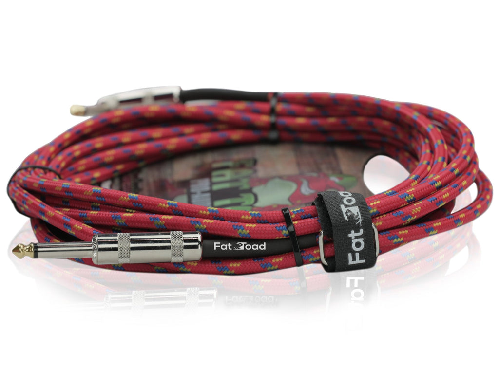 Guitar Cables (2 Pack) Right Angle to Straight-End Instrument Cord Tweed Cloth Jacket by FAT TOAD - Braided Woven 20 FT 1/4 Inch Gold Jack TS GeekStands.com