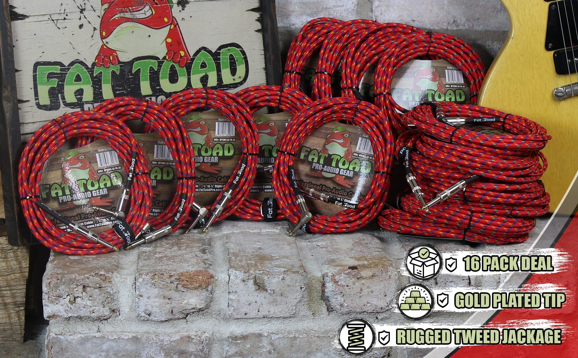 16 PACK - FAT TOAD Guitar Cords Right Angle to Straight-End Instrument Cable Tweed Cloth Jacket | Braided Woven 20FT 1/4 Inch Jack TS for Electric Guitar, Bass, AMP | Shielded 24 AWG Patch Conductor GeekStands.com
