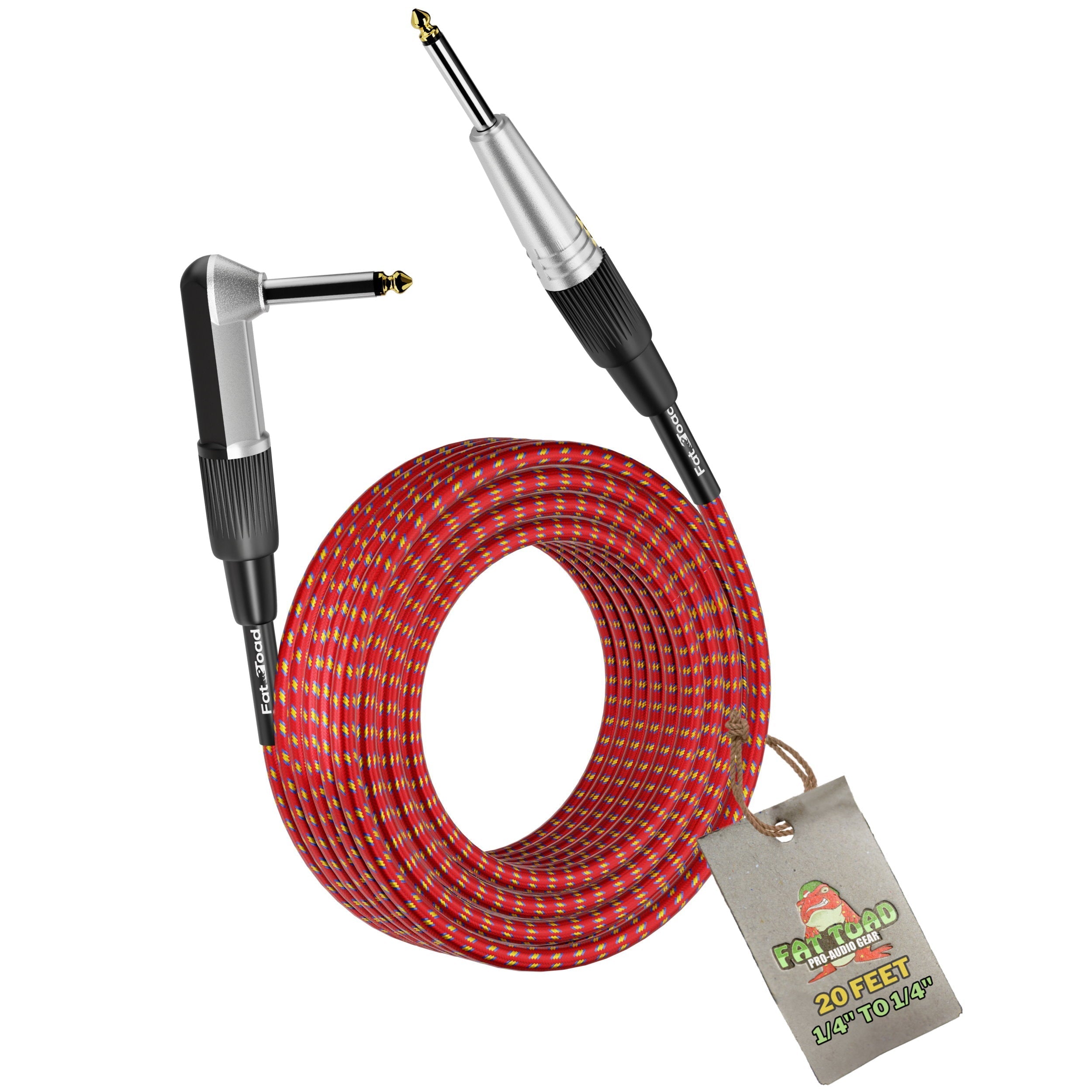 Guitar Cable Right Angled to 1/4 Straight-End Instrument Cord Tweed Cloth Jacket by FAT TOAD | Braided Woven 20FT Quarter Inch Gold Jack TS for Electric Guitar, Bass, Keyboards | Shielded 24 AWG Patch GeekStands.com