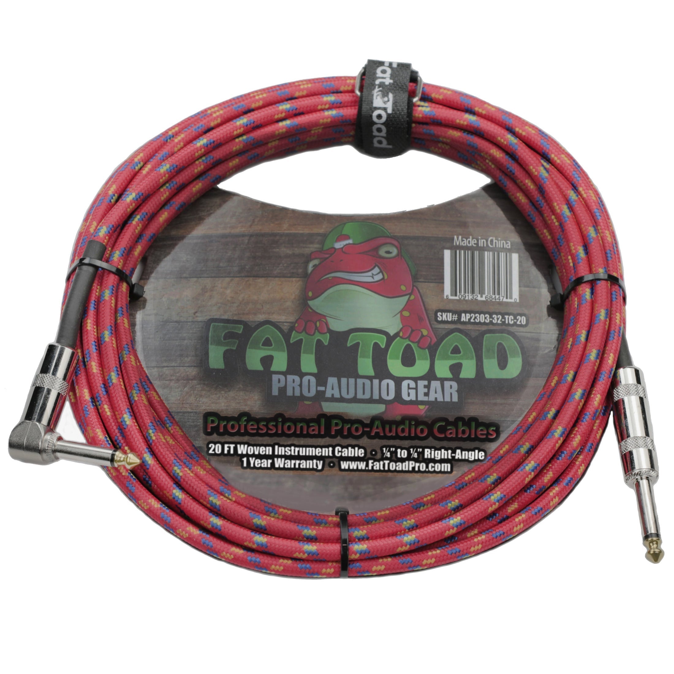 Guitar Cable Right Angled to 1/4 Straight-End Instrument Cord Tweed Cloth Jacket by FAT TOAD - Braided Woven 20FT Quarter Inch Gold Jack TS GeekStands.com