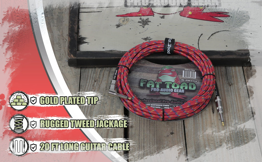 Guitar Cable Right Angled to 1/4 Straight-End Instrument Cord Tweed Cloth Jacket by FAT TOAD - Braided Woven 20FT Quarter Inch Gold Jack TS GeekStands.com