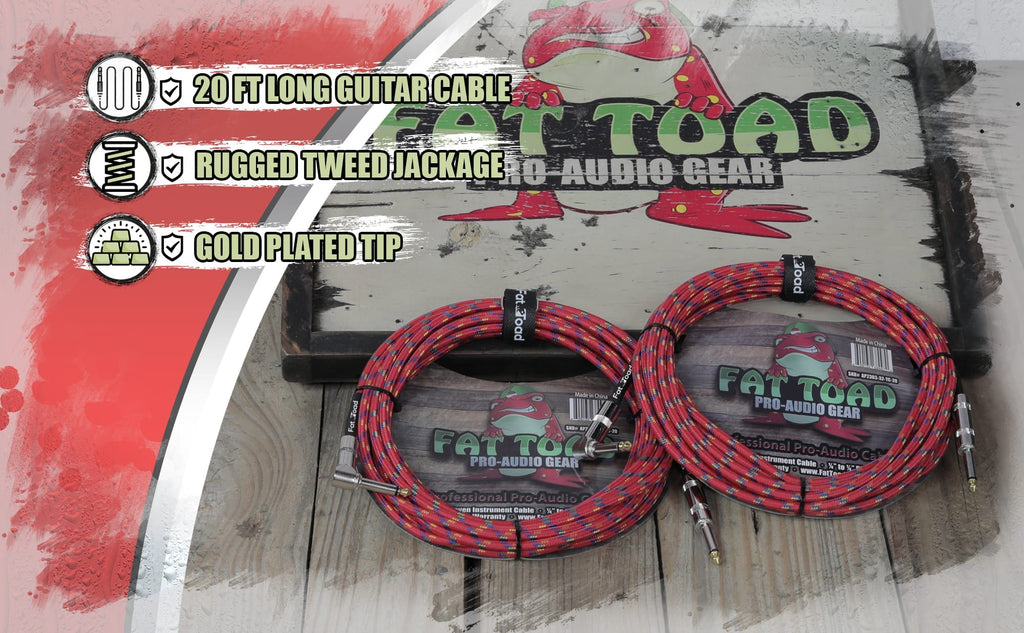 Guitar Cables (2 Pack) Right Angle to Straight-End Instrument Cord Tweed Cloth Jacket by FAT TOAD - Braided Woven 20 FT 1/4 Inch Gold Jack TS GeekStands.com