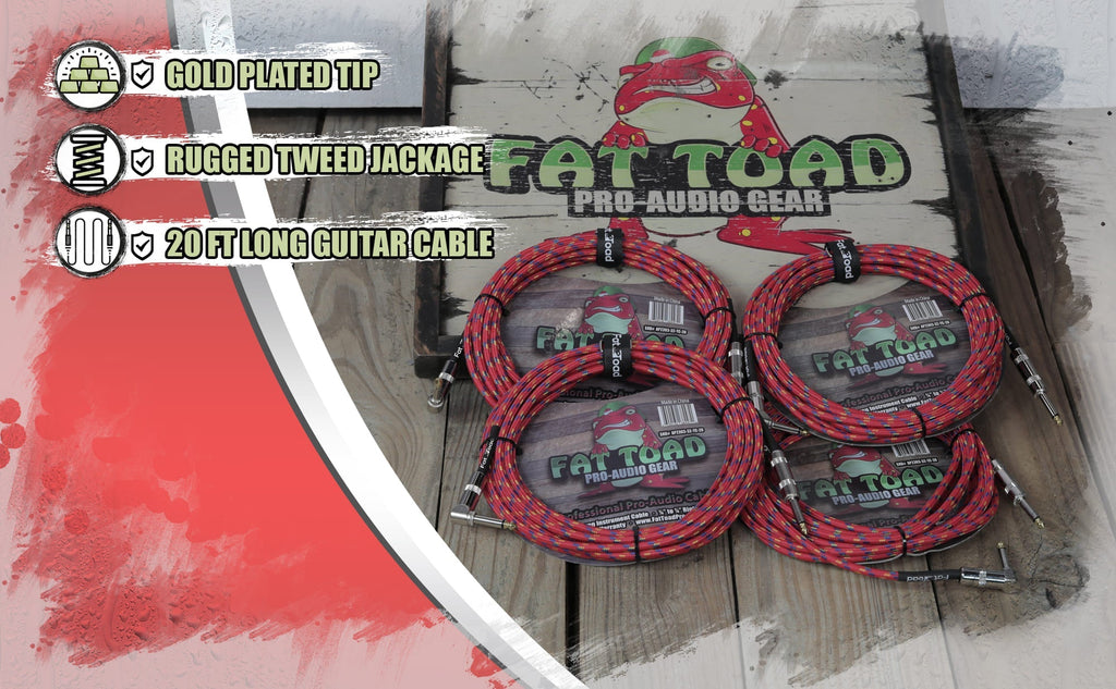Guitar Cords (4 Pack) Right Angle to Straight-End Instrument Cable Tweed Cloth Jacket by FAT TOAD - Braided Woven 20FT 1/4 Inch Jack TS Electric AMP GeekStands.com