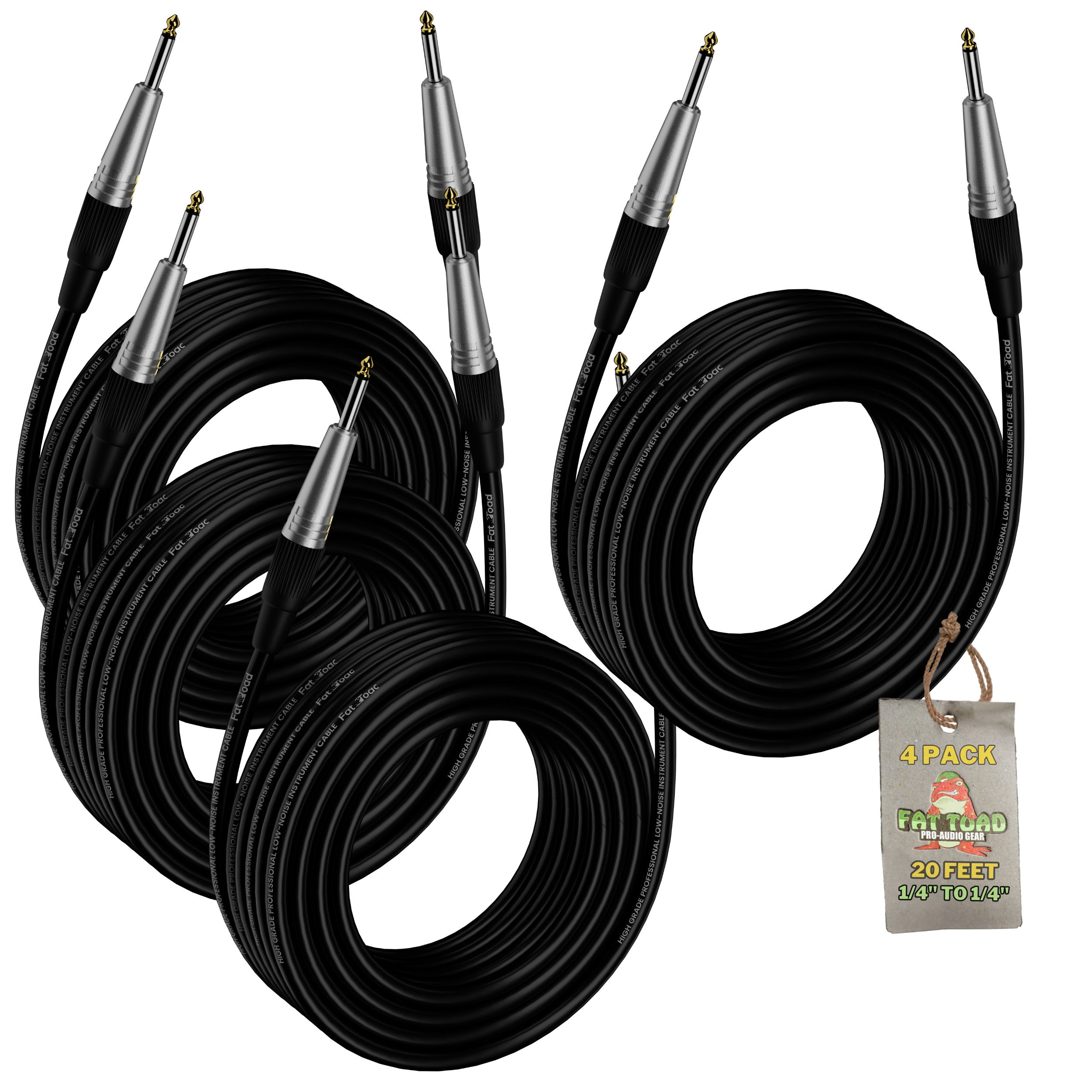 Guitar Cables (4 Pack) Instrument Cord by FAT TOAD | 24 AWG Patch Conductor for Electric or Acoustic Guitar, Bass, Amps, Keyboards & Pro-Audio DJ Recording Studio PA | 20FT 1/4 Inch Straight-End Wires GeekStands.com