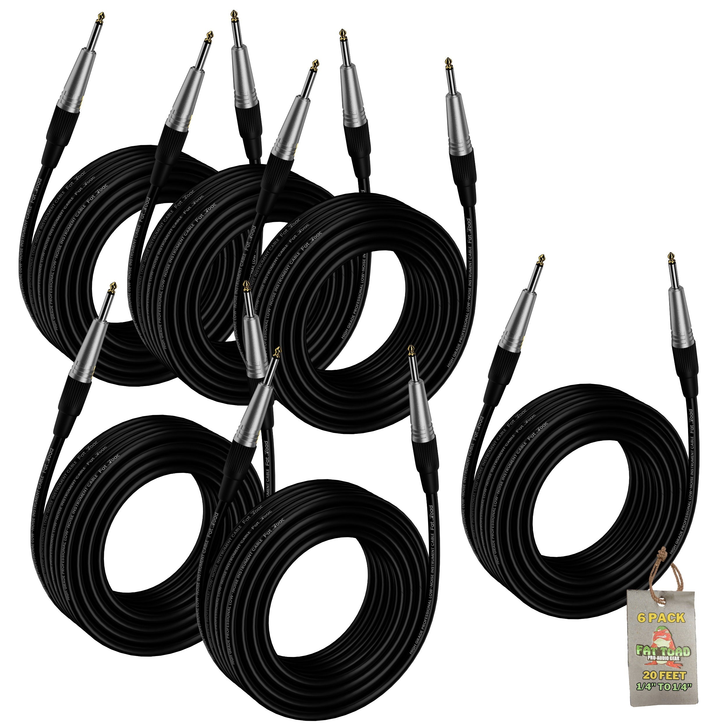 Guitar Cords (6 Pack) Instrument Cable by FAT TOAD | 20FT Wires 1/4 Inch Gold Straight-End for Electric, Acoustic, Bass, Keyboards, Speakers, Sound AMP & Music Recording Studio | Shielded 24 AWG Patch GeekStands.com