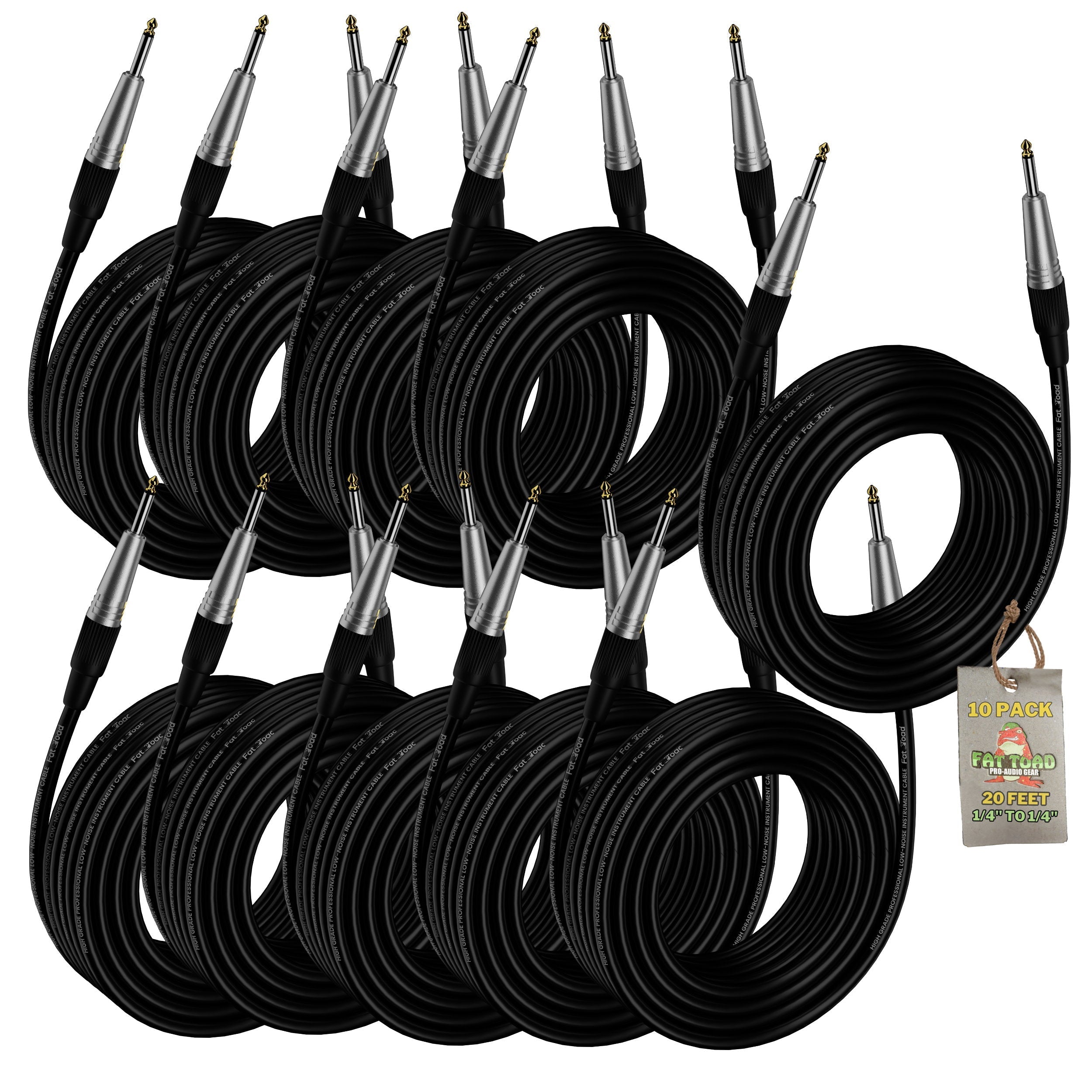 Guitar Cables (10 Pack) Instrument Cord by FAT TOAD - 24 AWG Patch Conductor for Electric Guitar, Bass, Amplifier Speaker, Keyboard & Recording Studio GeekStands.com
