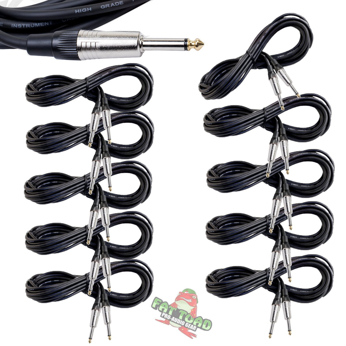 Guitar Cables (10 Pack) Instrument Cord by FAT TOAD - 24 AWG Patch Conductor for Electric Guitar, Bass, Amplifier Speaker, Keyboard & Recording Studio GeekStands.com