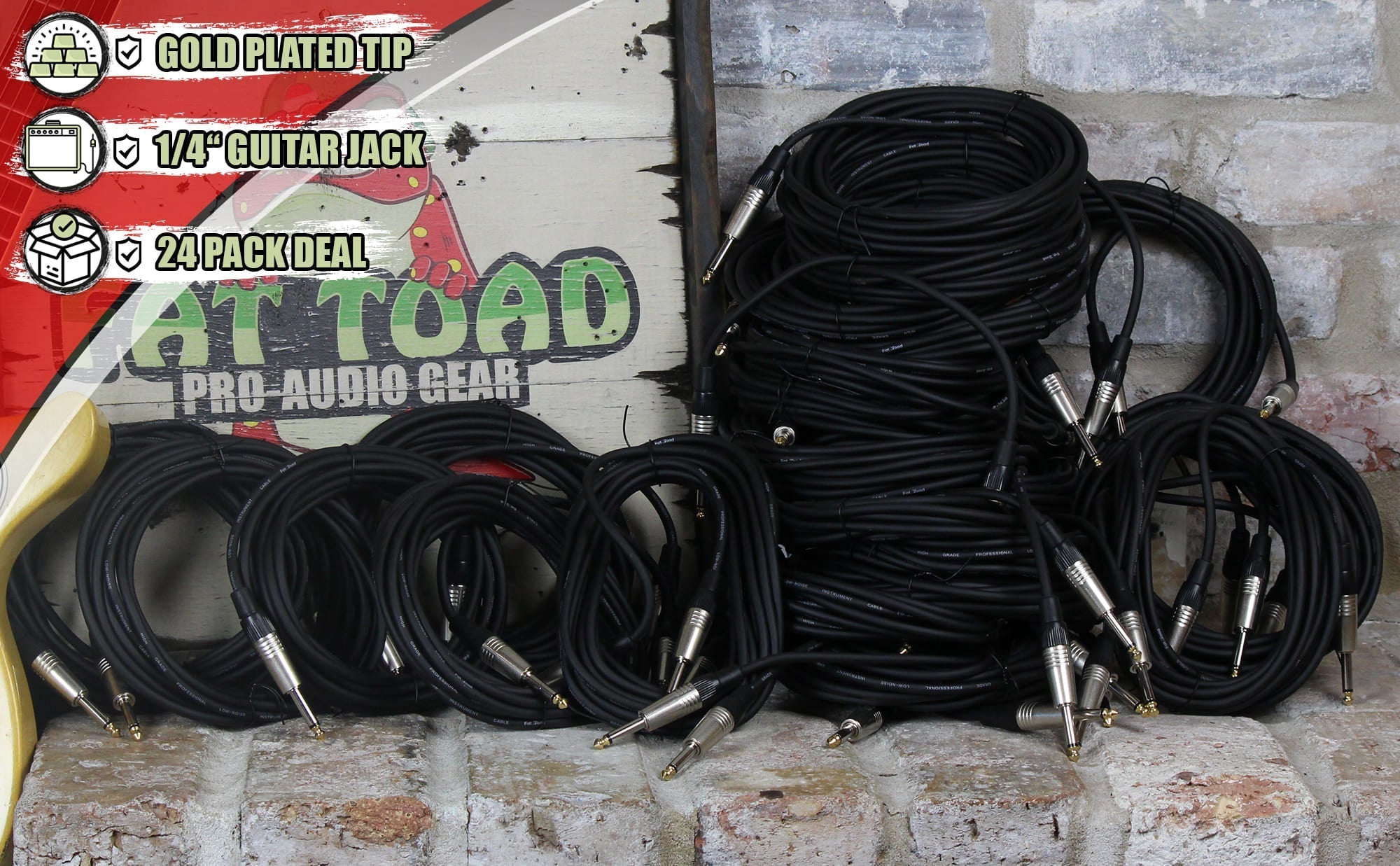 24 PACK - FAT TOAD 20FT Guitar Cords Instrument Cables | 24 AWG Patch Conductor for Electric Guitar, Bass, Amplifier, Speaker, Keyboard & Recording Studio | Shielded 1/4 Inch Gold Straight-End Wires GeekStands.com