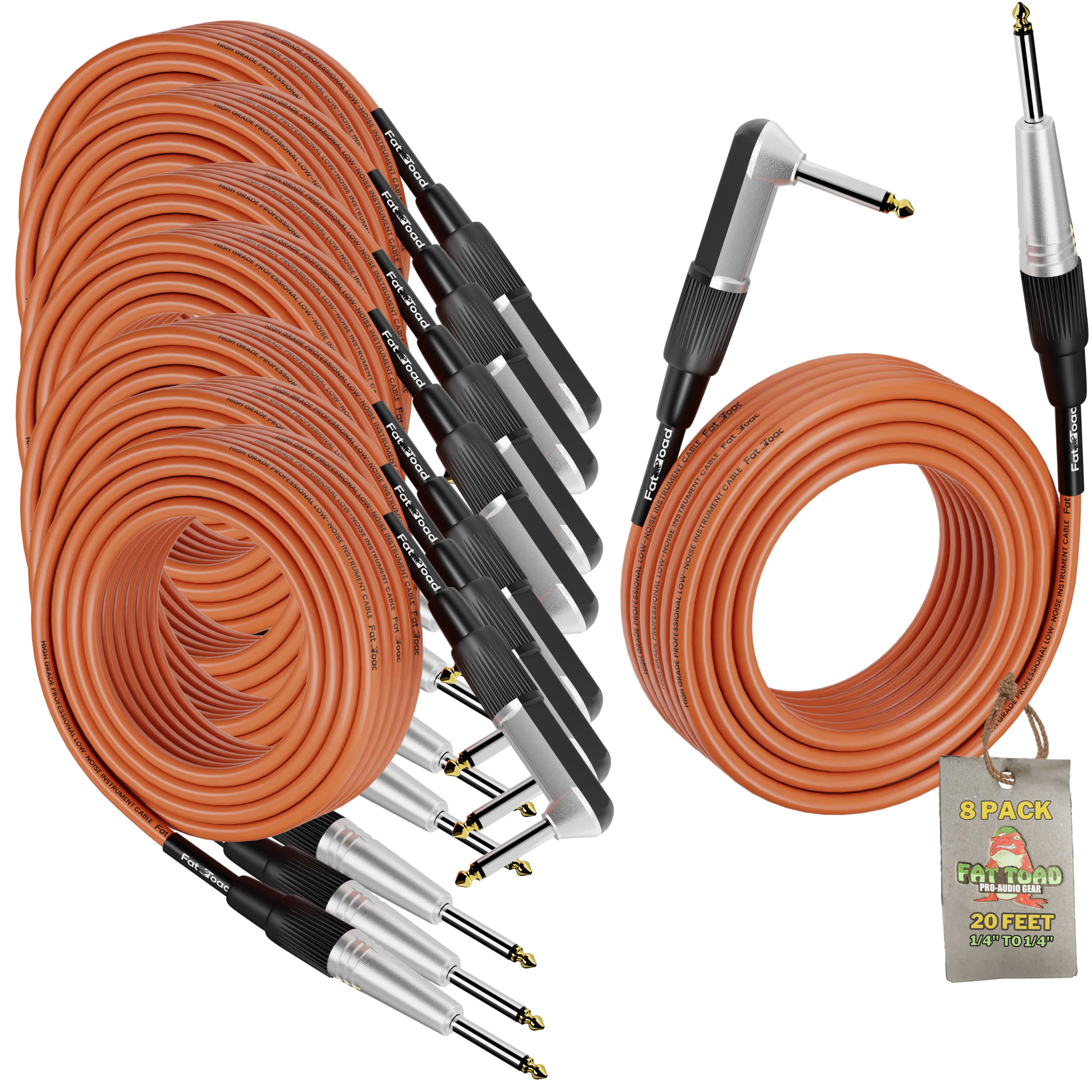 8 PACK - Guitar Cables Right Angled Instrument Cords by FAT TOAD | 20FT 1/4 Quarter Inch Straight-End 24 GA Wires for Electric Guitar Pedal, Bass, Keyboards, Speaker Amplifier & Audio Studio Recording GeekStands.com