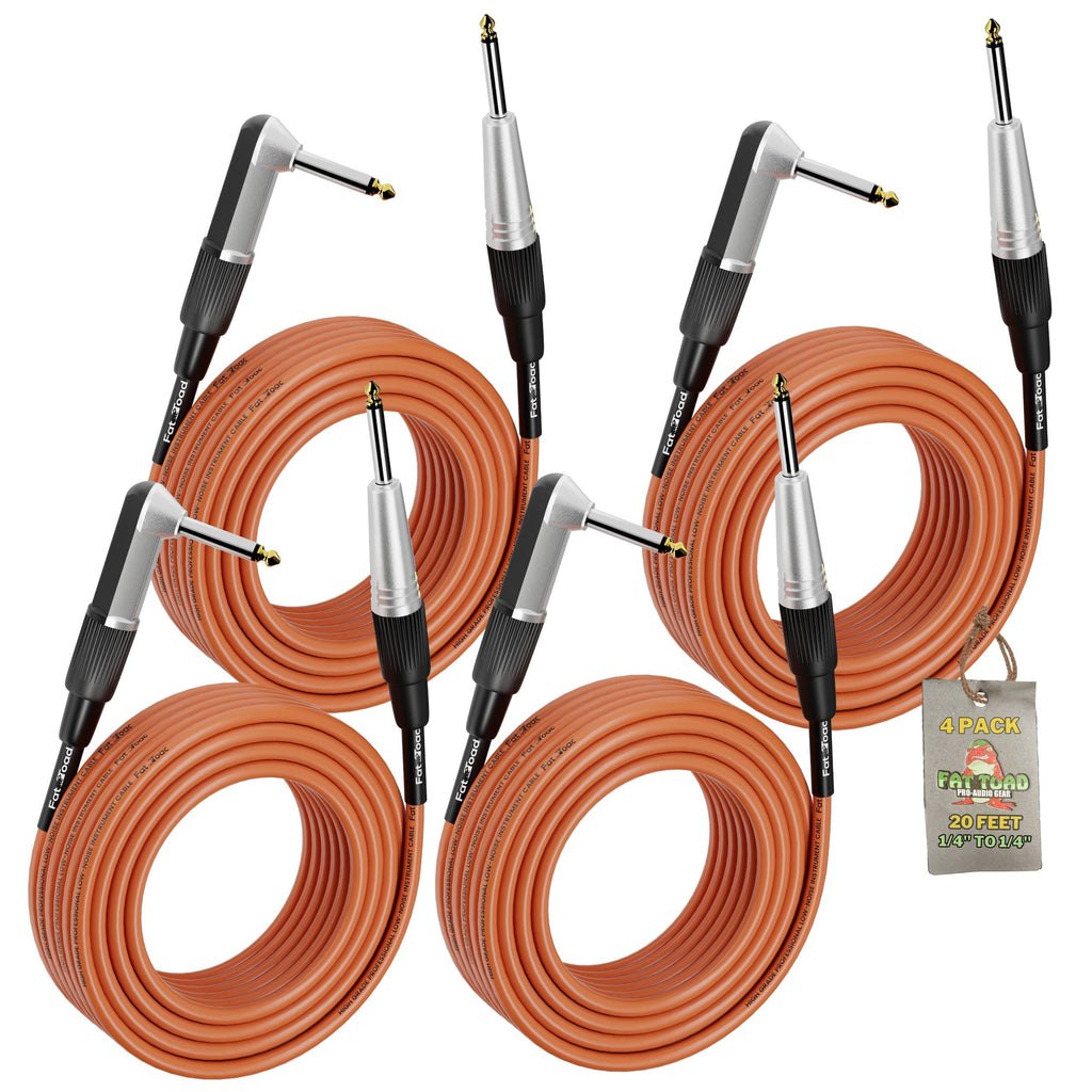 Guitar Cords (4 Pack) Right Angle Instrument Cable by FAT TOAD | 20FT 1/4 Inch Straight-End Wires for Electric Guitar, Bass, Keyboards & Music Sound Recording Studio | Shielded 24 AWG Patch Conductor GeekStands.com