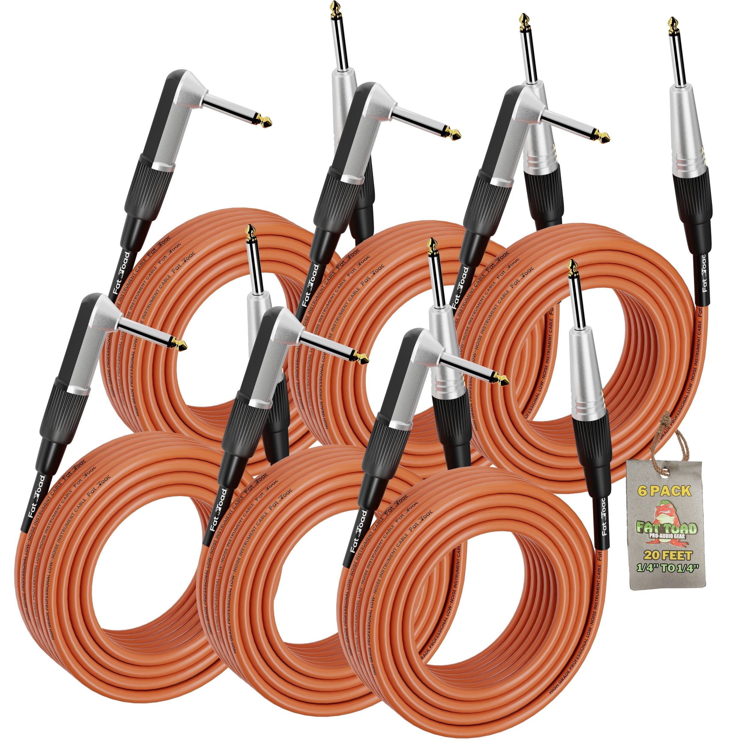 Guitar Cables (6 Pack) Right Angled Instrument Cord by FAT TOAD | 20FT 1/4 Quarter Inch Straight-End 20 GA Wires for Electric Guitar Pedal, Bass, Keyboards, Speaker Amplifier & Audio Studio Recording GeekStands.com