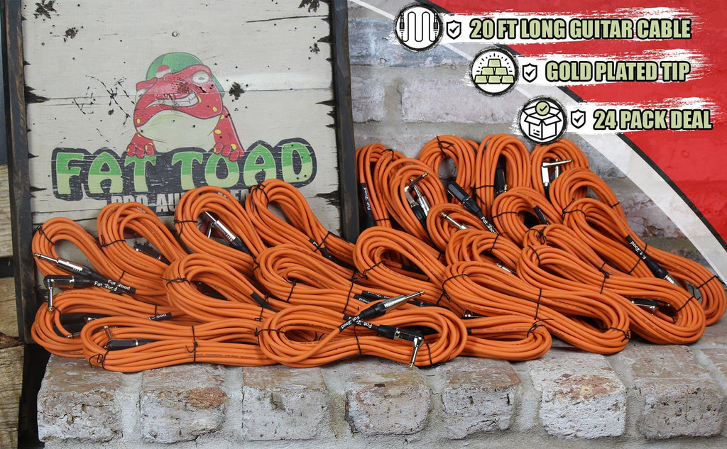 24 PACK - Right Angled Guitar Cables by FAT TOAD | Instrument Cords 20FT 1/4 Quarter Inch Straight-End 24GA Wires for Electric Guitar Pedal, Bass, Keyboards, Speaker Amplifier & Audio Studio Recording GeekStands.com
