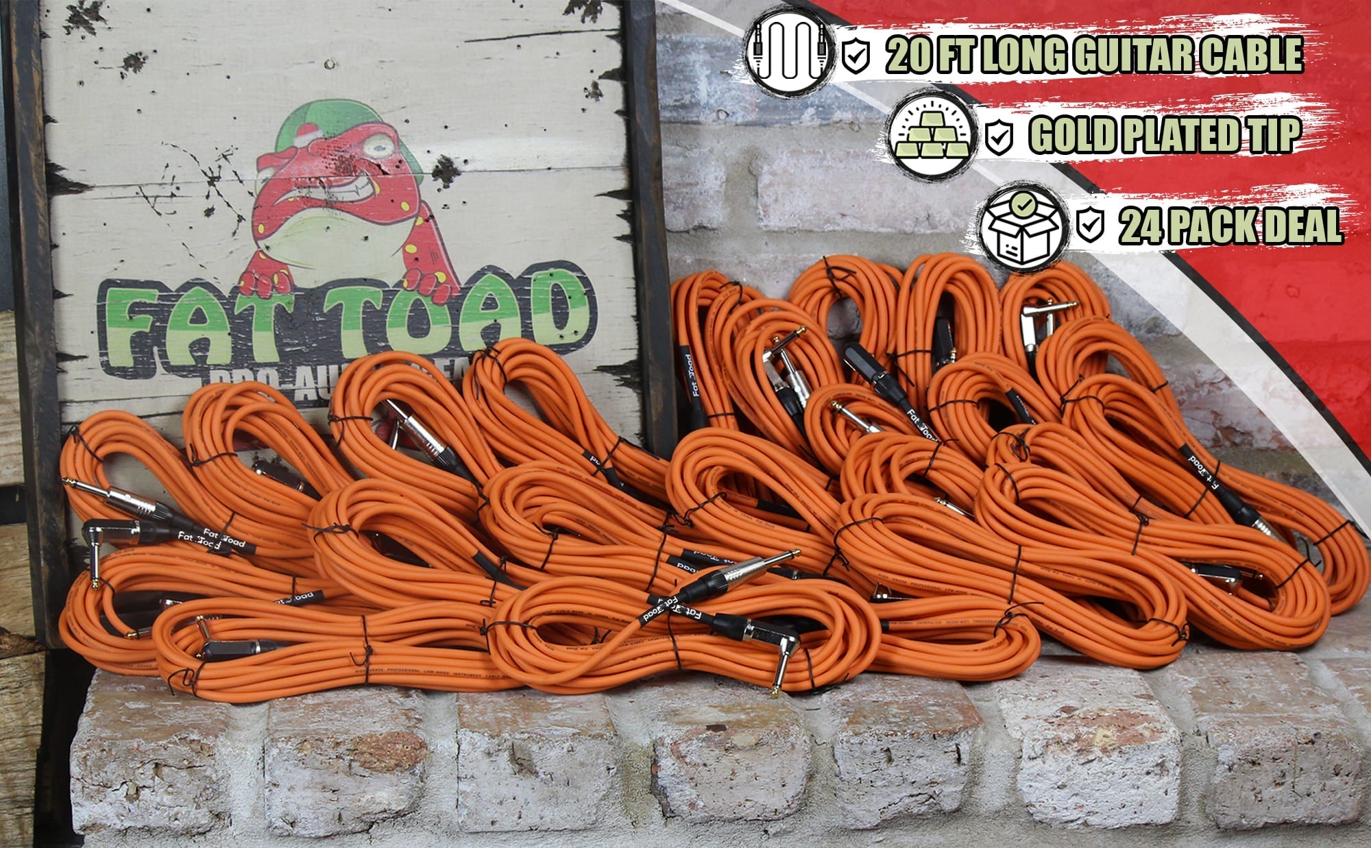 24 PACK - Right Angled Guitar Cables by FAT TOAD | Instrument Cords 20FT 1/4 Quarter Inch Straight-End 24GA Wires for Electric Guitar Pedal, Bass, Keyboards, Speaker Amplifier & Audio Studio Recording GeekStands.com