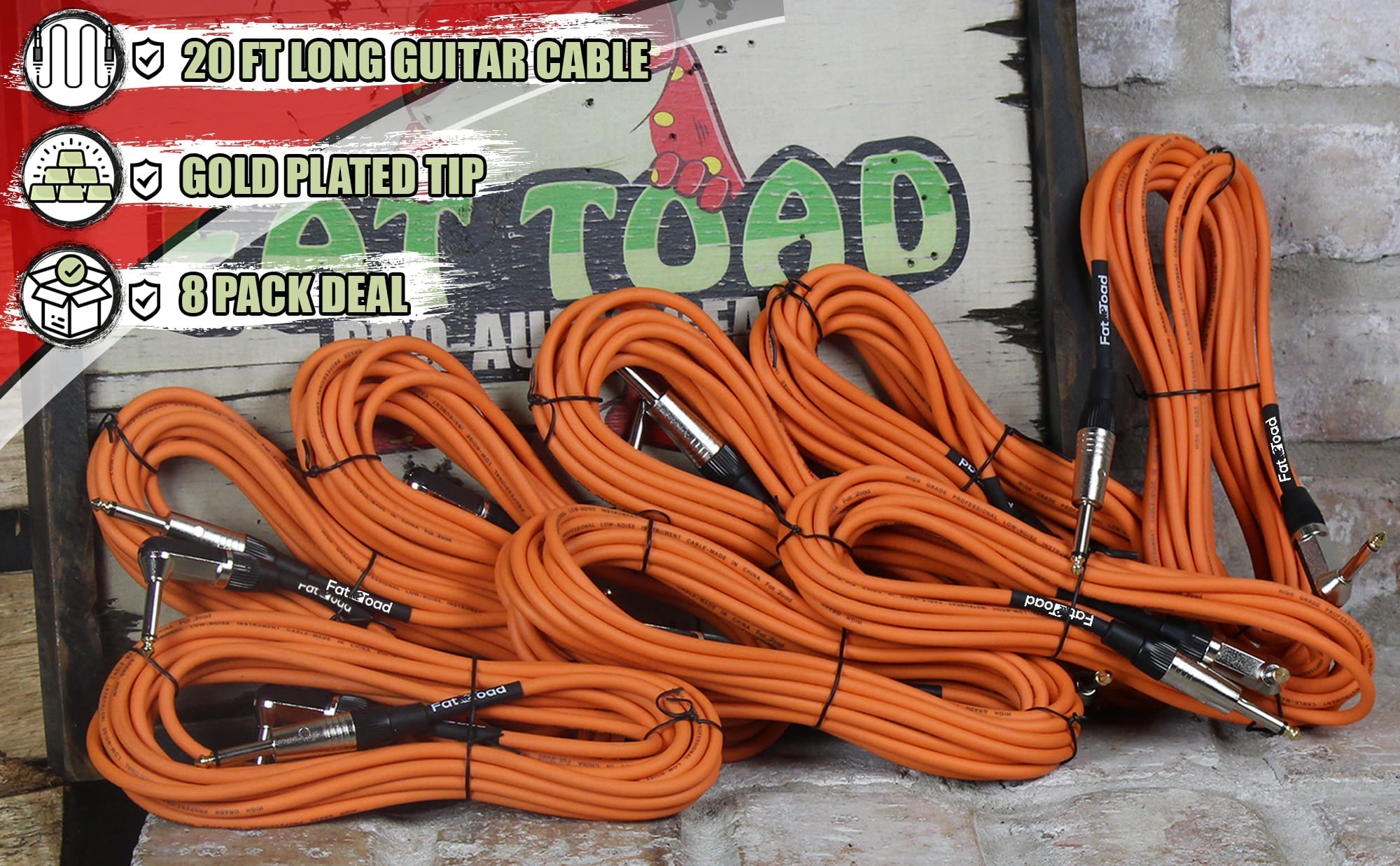 8 PACK - Guitar Cables Right Angled Instrument Cords by FAT TOAD | 20FT 1/4 Quarter Inch Straight-End 24 GA Wires for Electric Guitar Pedal, Bass, Keyboards, Speaker Amplifier & Audio Studio Recording GeekStands.com