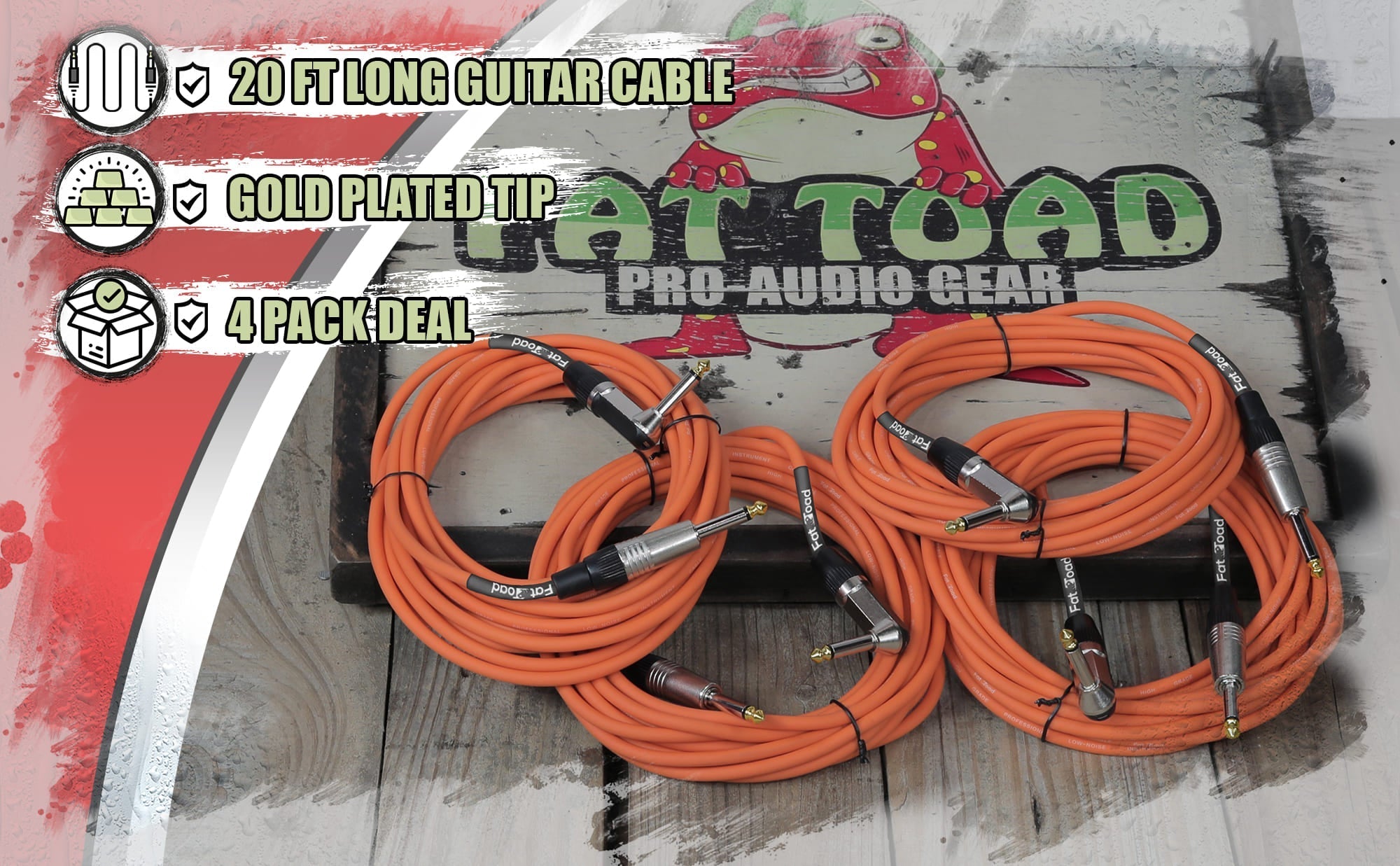 Guitar Cords (4 Pack) Right Angle Instrument Cable by FAT TOAD | 20FT 1/4 Inch Straight-End Wires for Electric Guitar, Bass, Keyboards & Music Sound Recording Studio | Shielded 24 AWG Patch Conductor GeekStands.com