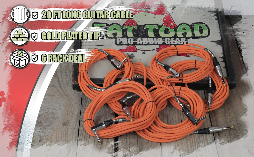 Guitar Cables (6 Pack) Right Angled Instrument Cord by FAT TOAD | 20FT 1/4 Quarter Inch Straight-End 20 GA Wires for Electric Guitar Pedal, Bass, Keyboards, Speaker Amplifier & Audio Studio Recording GeekStands.com