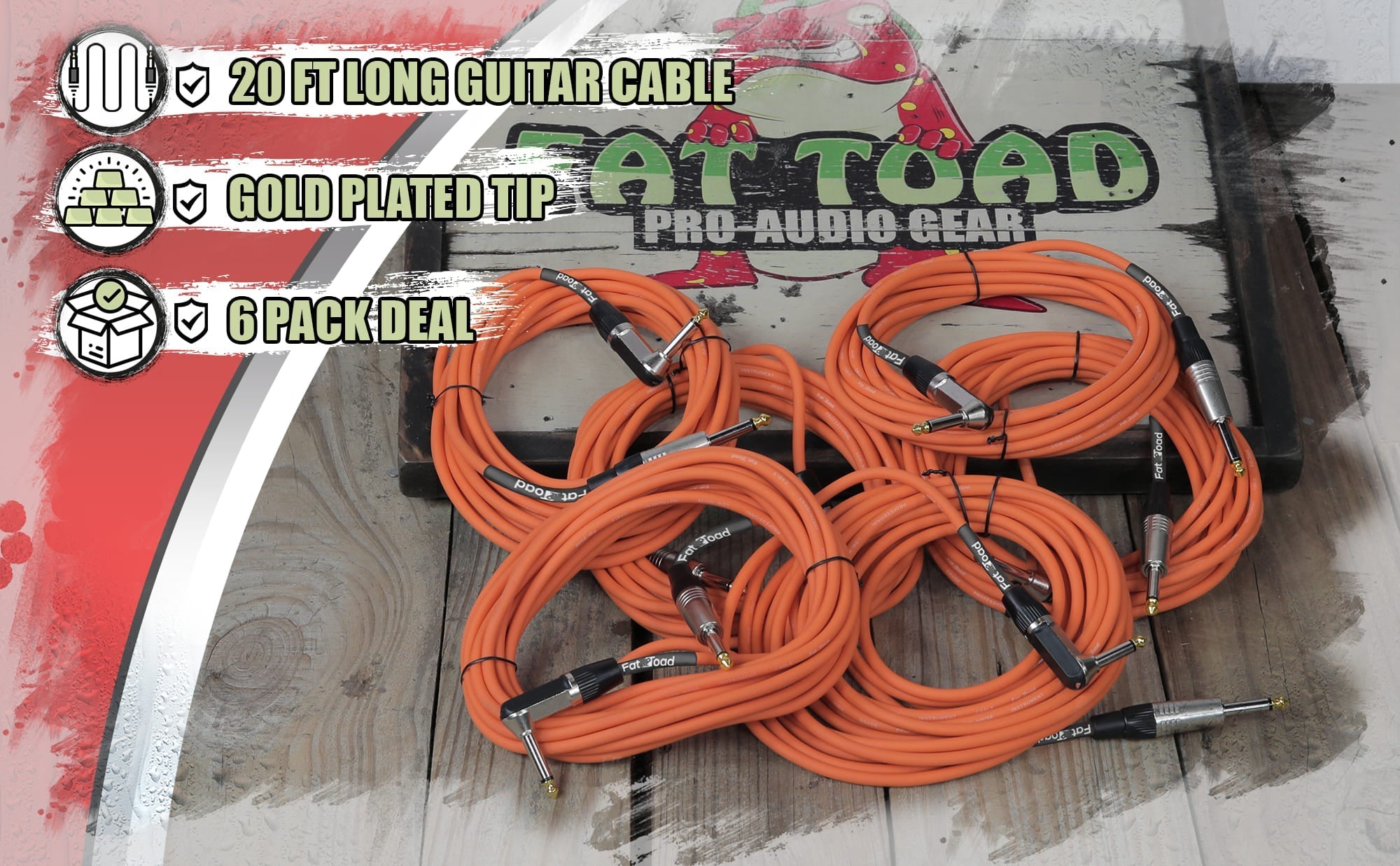 Guitar Cables (6 Pack) Right Angled Instrument Cord by FAT TOAD | 20FT 1/4 Quarter Inch Straight-End 20 GA Wires for Electric Guitar Pedal, Bass, Keyboards, Speaker Amplifier & Audio Studio Recording GeekStands.com