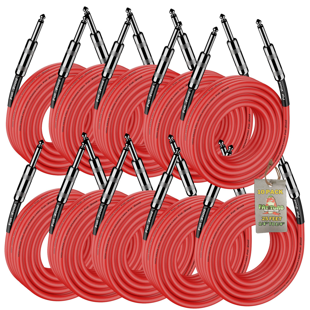 10 PACK - 25FT Speaker Cables by FAT TOAD | Quarter Inch 12 AWG Gauge Wire for Amp, Music Studio Recording & Stage Gear | 1/4" to 1/4 Male Jack Professional Pro Audio Red DJ Speakers PA Patch Cords GeekStands.com