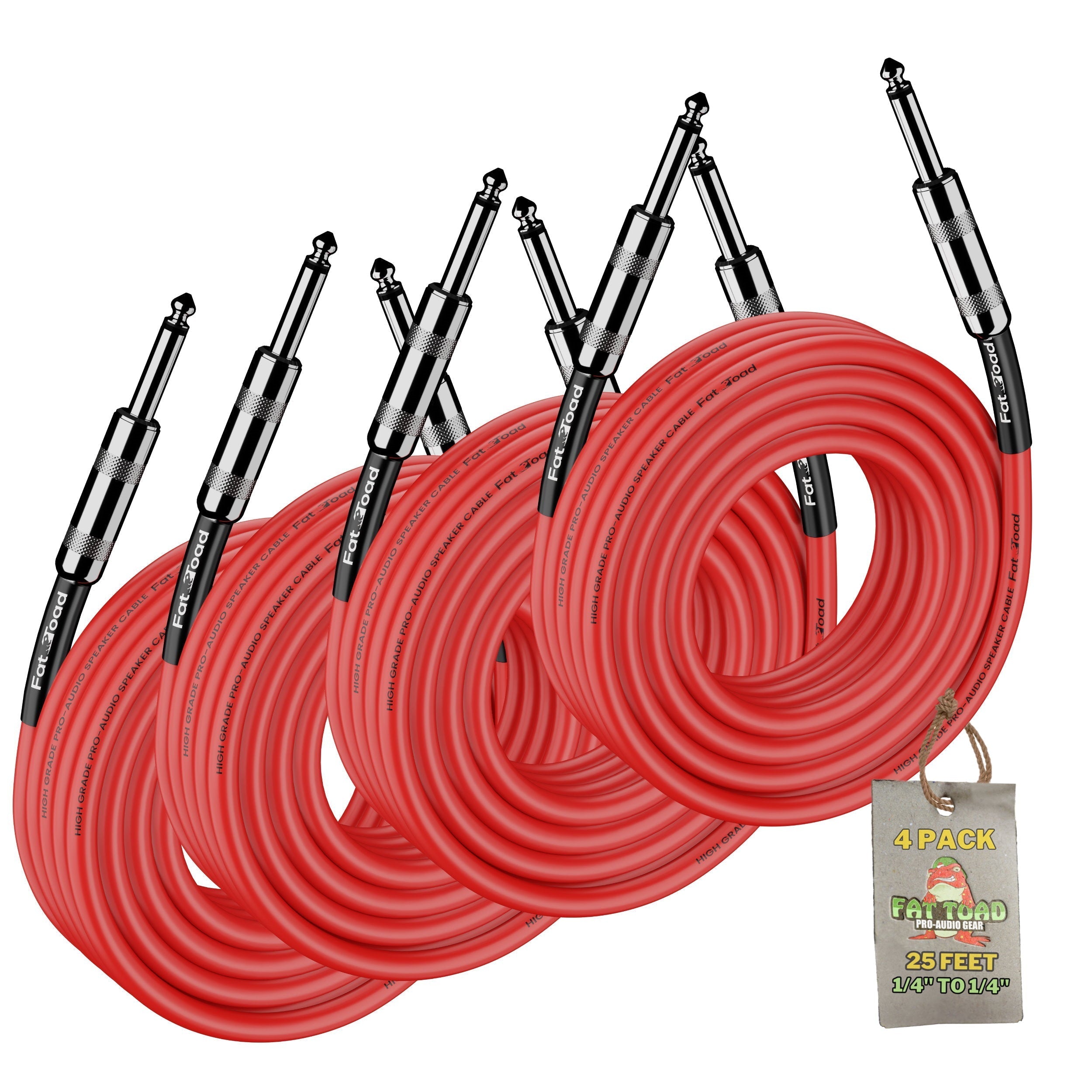 FAT TOAD DJ Speaker Cables 25FT (4-Pack) - 1/4-Inch 12 AWG Wire for Amp, Studio & Stage Gear - 1/4-Inch Male Jack Pro Audio Red PA Patch Cords GeekStands.com