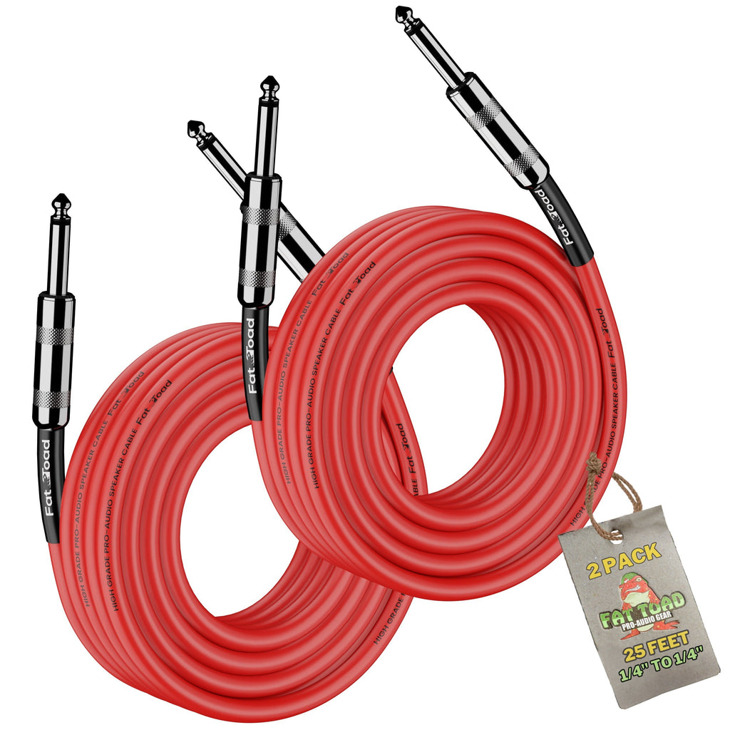 1/4" to 1/4 Male Jack Speaker Cables (2 Pack) by FAT TOAD | 25ft Professional Pro Audio Red DJ Speakers PA Patch Cords | Quarter Inch 12 AWG Gauge Wire for Amp, Music Studio Recording & Stage Gear GeekStands.com