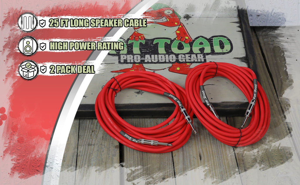 1/4" to 1/4 Male Jack Speaker Cables (2 Pack) by FAT TOAD | 25ft Professional Pro Audio Red DJ Speakers PA Patch Cords | Quarter Inch 12 AWG Gauge Wire for Amp, Music Studio Recording & Stage Gear GeekStands.com