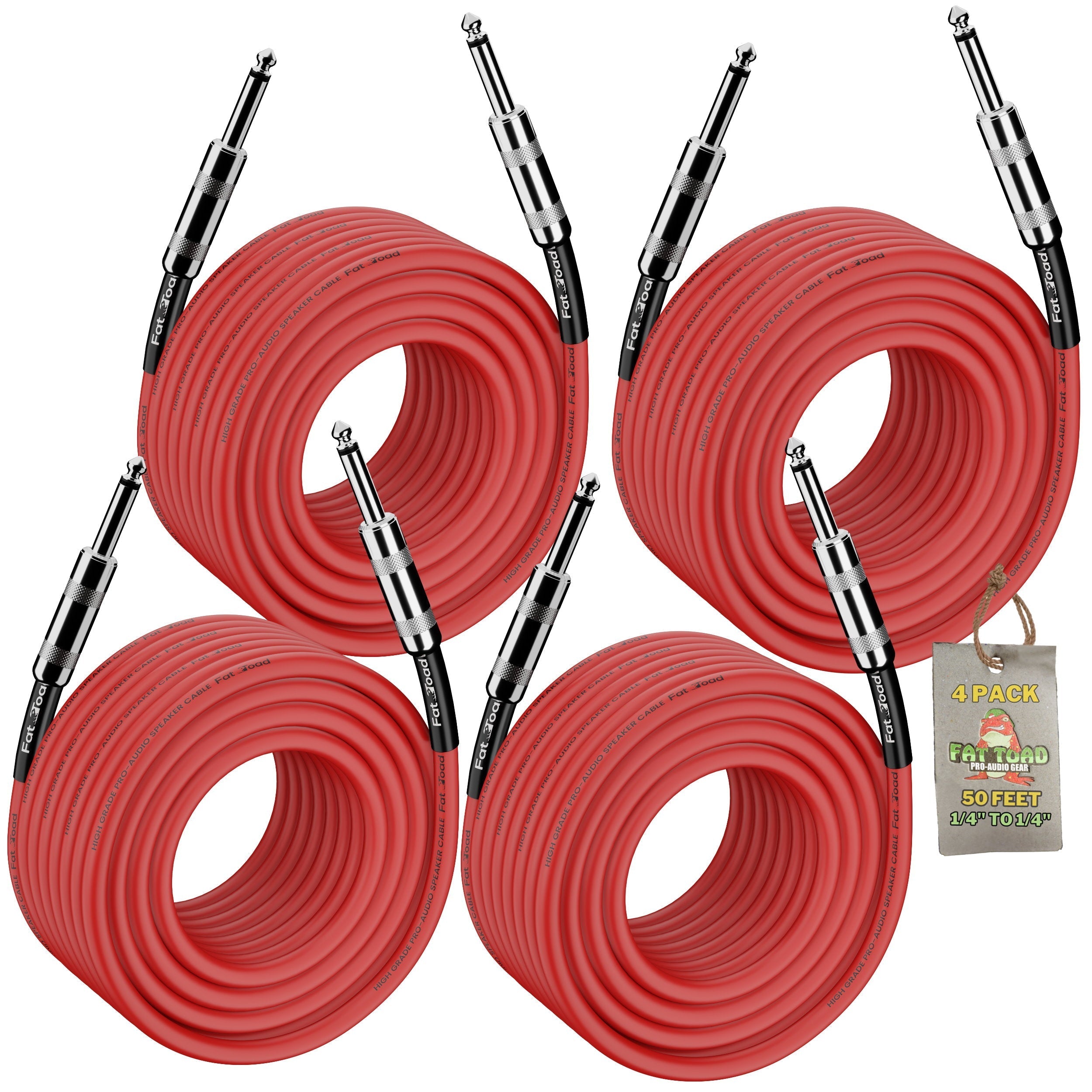 50FT DJ Speaker Cables (4-Pack) by FAT TOAD - 1/4-Inch 12 AWG Male Jack Pro Audio Red Patch Cords for Amp, PA Studio Recording & Stage Gear GeekStands.com