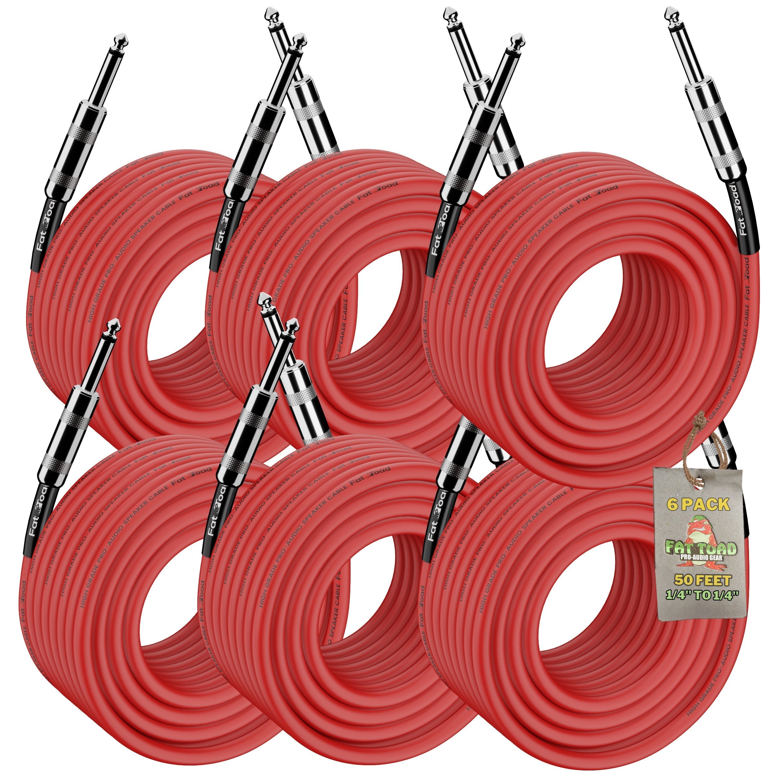 6 PACK -  Speaker Cables by FAT TOAD | 50FT DJ PA Professional Pro Audio Red Patch Cords | 1/4 to 1/4 Quarter Inch Male Jack 12 AWG Gauge Wire for Amp, Music Studio Recording & Performance Stage Gear GeekStands.com