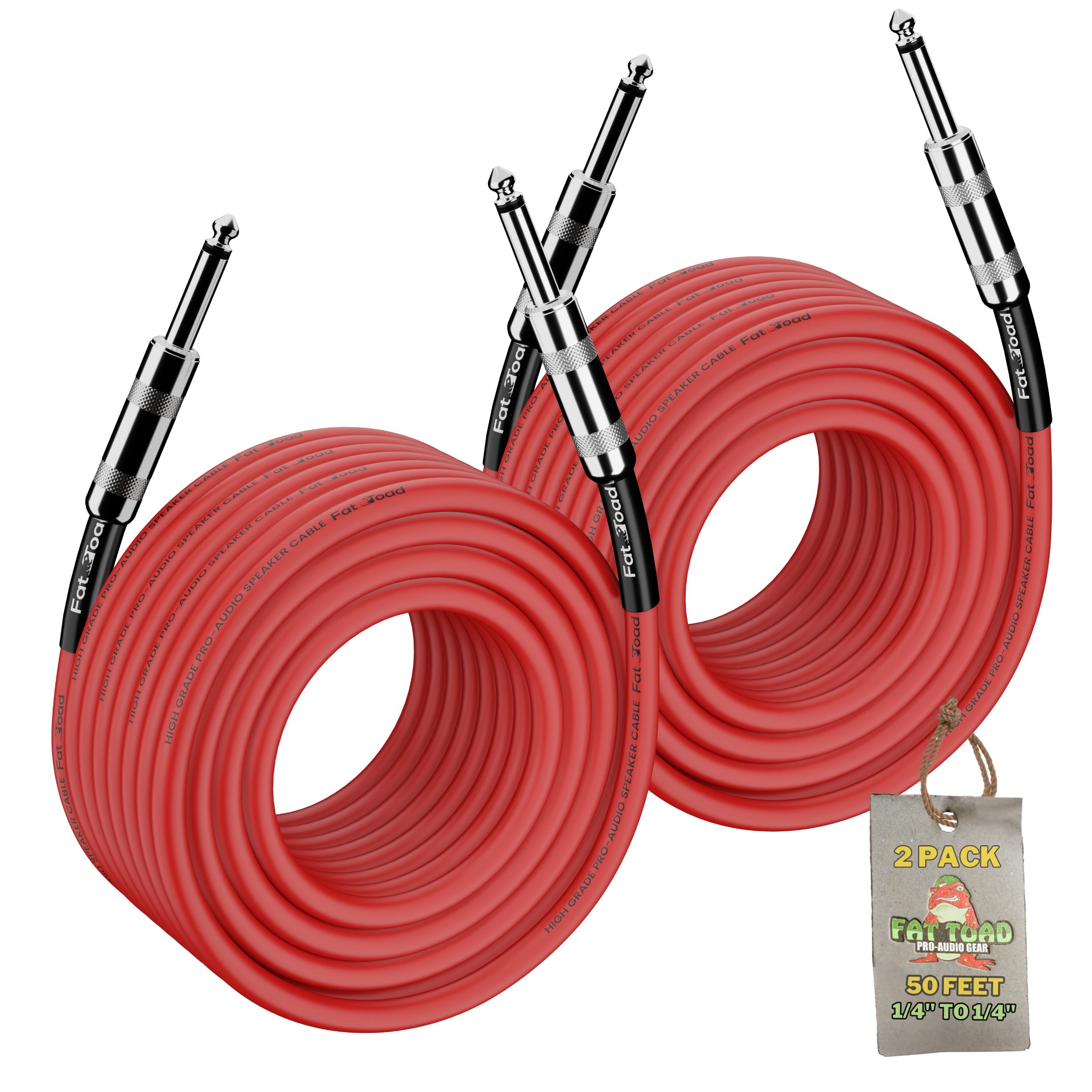 1/4" to 1/4 Male Jack Speaker Cables (2 Pack) by FAT TOAD | 50ft Professional Pro Audio Red DJ Speakers PA Patch Cords | Quarter Inch 12 AWG Gauge Wire for Amp, Music Studio Recording & Stage Gear GeekStands.com