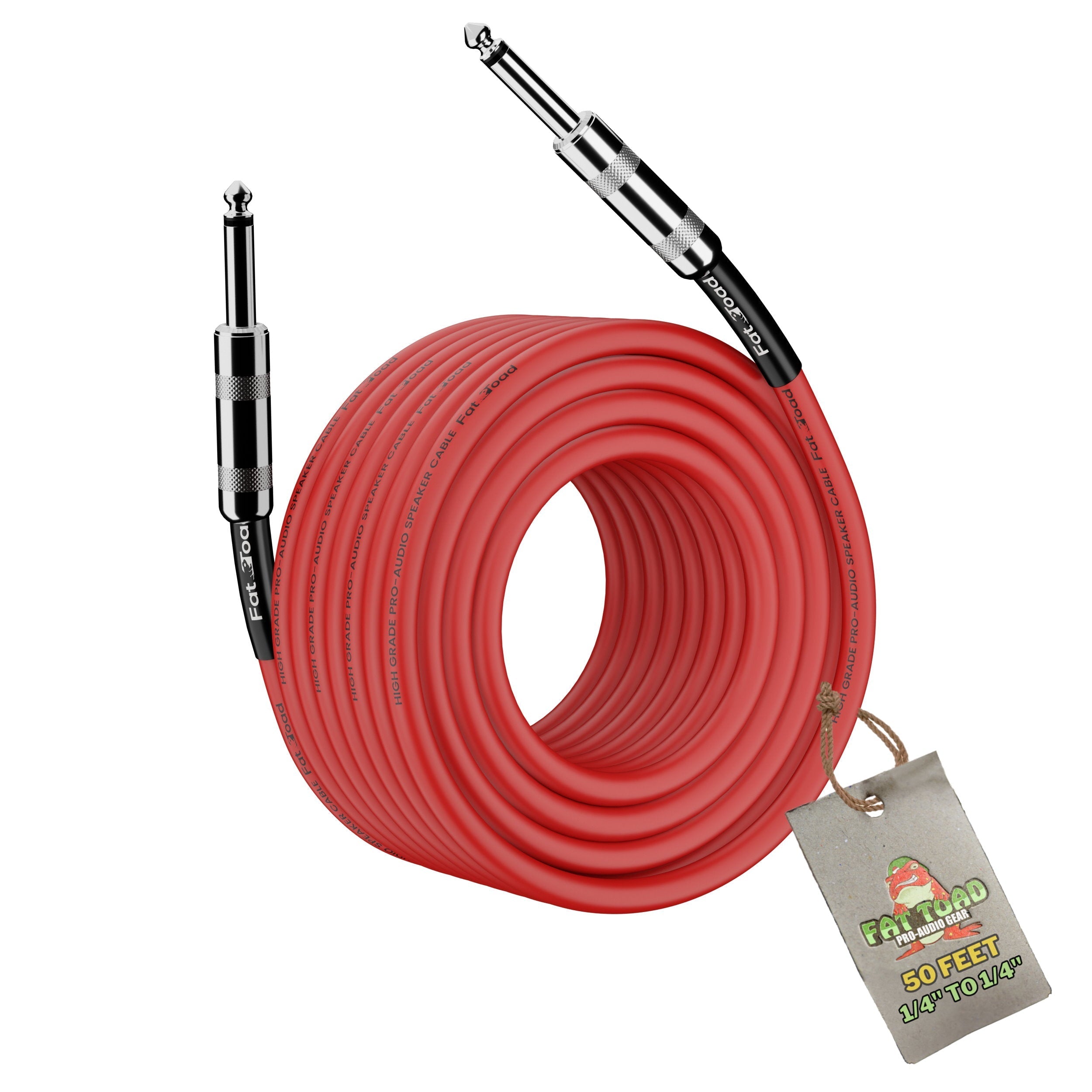 1/4" to 1/4 Speaker Cable by FAT TOAD | 50ft Professional Pro Audio Red DJ Speaker PA Patch Cord Quarter inch Male Jack | 12 AWG Gauge Wire for Impeccable Studio Recording & Stage Performance AMP Gear GeekStands.com