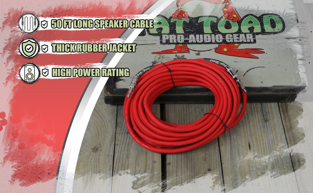 1/4" to 1/4 Speaker Cable by FAT TOAD - 50ft Professional Pro Audio Red DJ Speaker PA Patch Cord Quarter inch Male Jack - 12 AWG Gauge Wire for Studio GeekStands.com