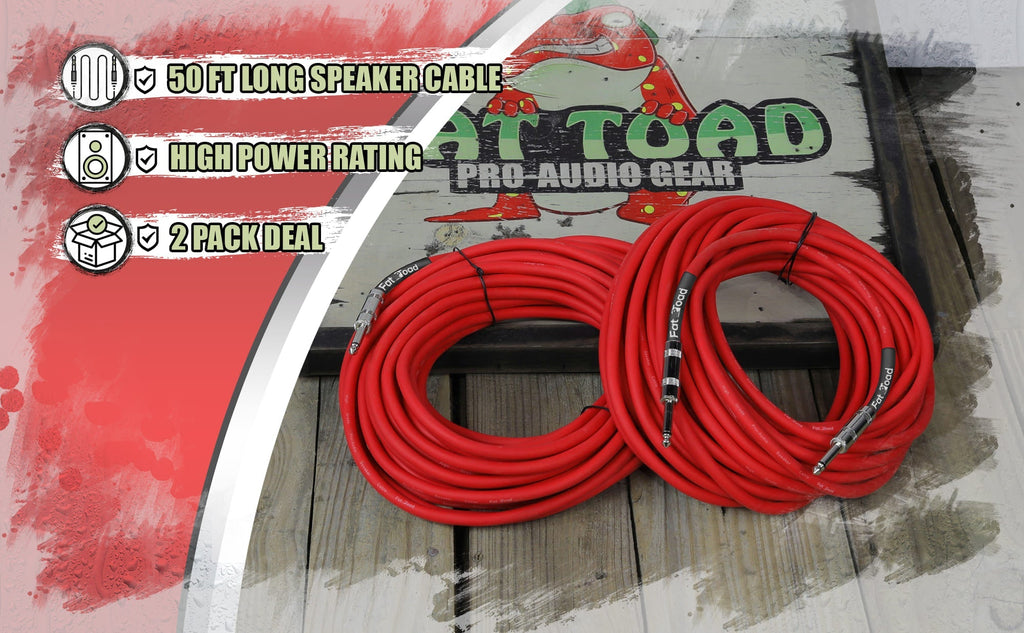 1/4" to 1/4 Male Jack Speaker Cables (2 Pack) by FAT TOAD | 50ft Professional Pro Audio Red DJ Speakers PA Patch Cords | Quarter Inch 12 AWG Gauge Wire for Amp, Music Studio Recording & Stage Gear GeekStands.com